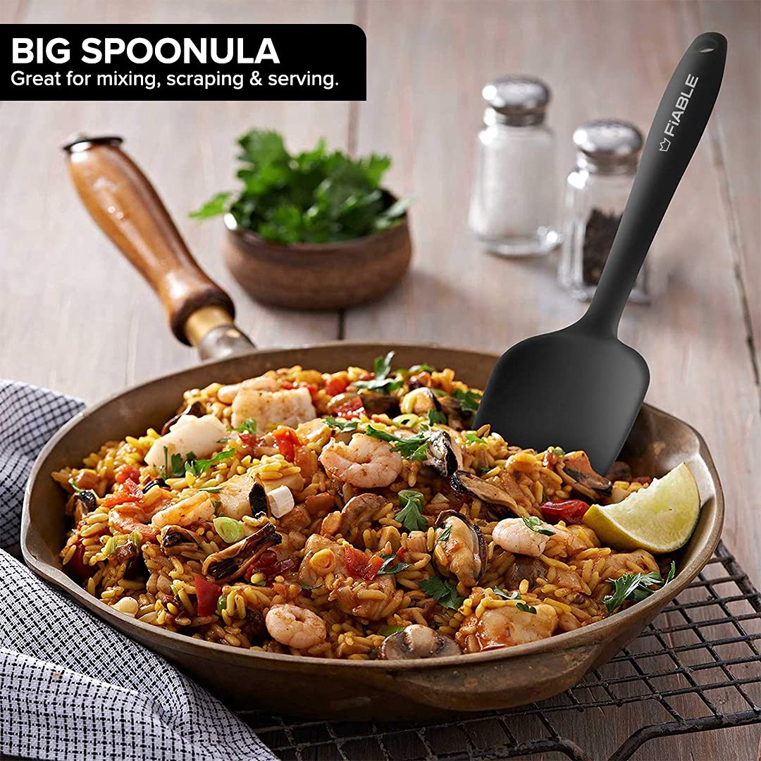 FiABLE Espátula de silicona grande de alta calidad para cocinar, juego de 3 – 1 año de garantía – Espátulas de silicona de alta resistencia al calor, diseño sin costuras, 1 cuchara grande, 1 espátula