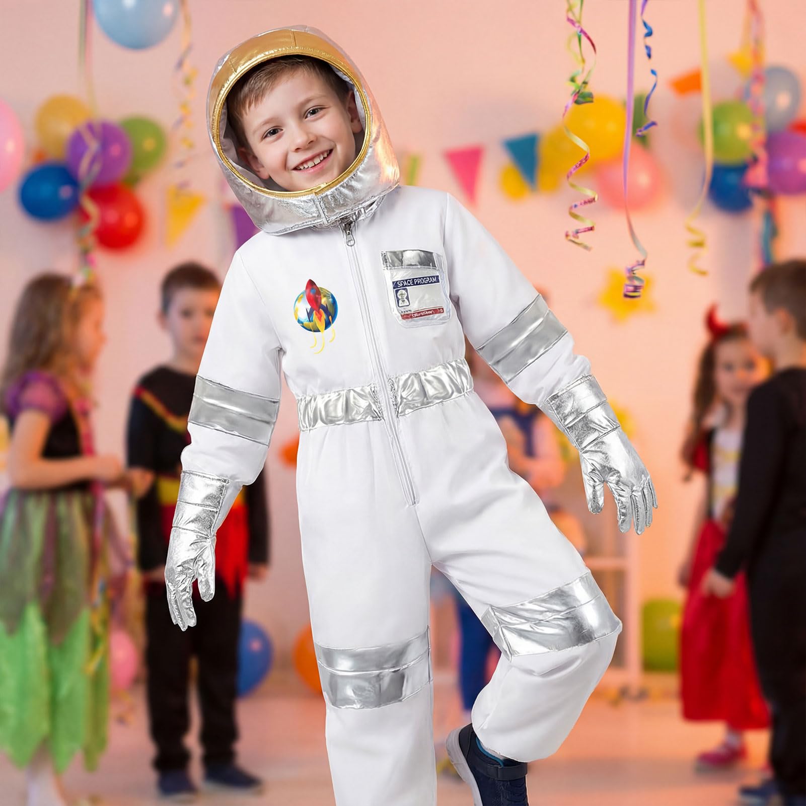 Meriviva Kids Astronaut Costume, Space Costume Kids Set including Jumpsuit Helmet Gloves ID Card - Image 3