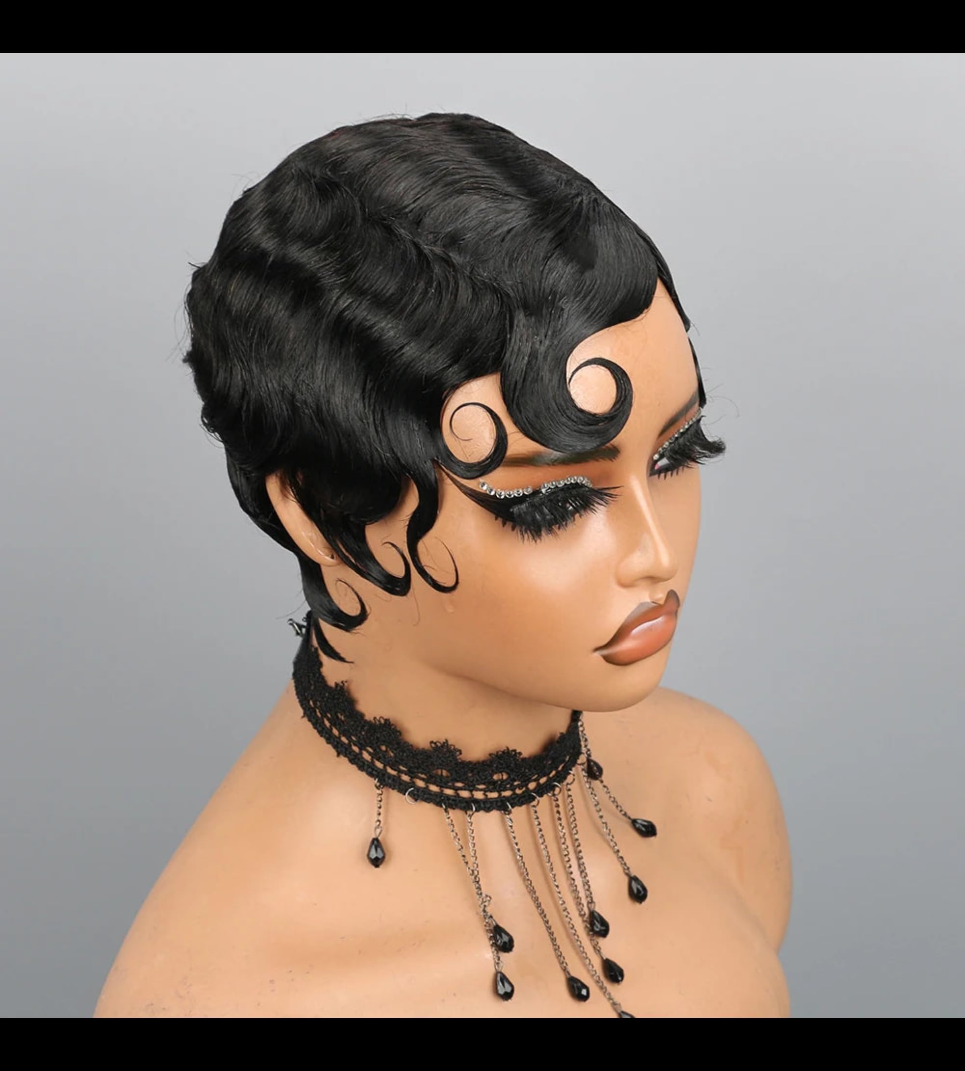 Vintage Finger Wave Pixie Cut Wig, Short Wavy Style, Available in Black, Burgundy, Blonde and Brown (Black)