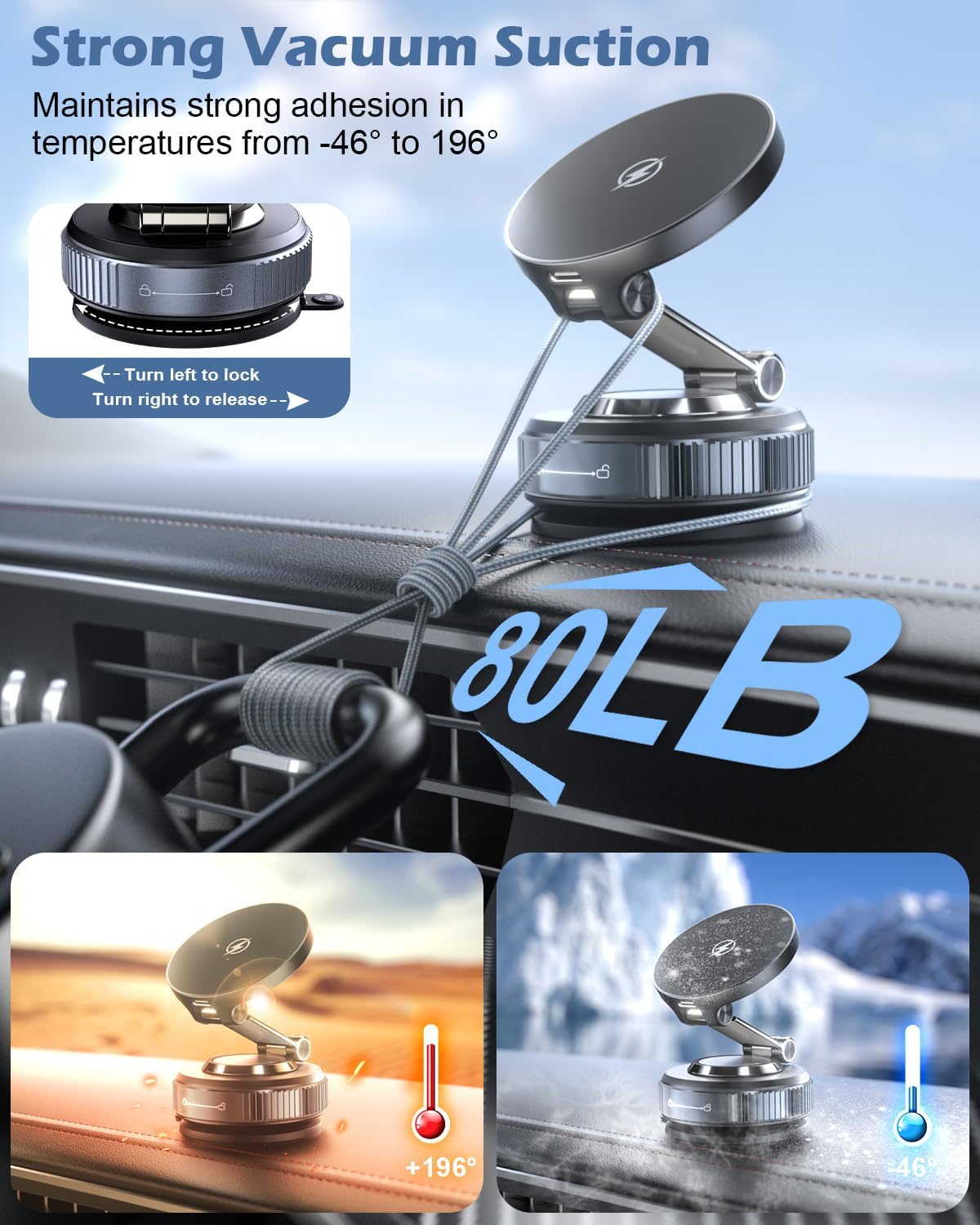 CloudValley 15W Magnetic Wireless Car Charger Mount, Nano Gel Vacuum Suction Cup Phone Holder for Dashboard & Windshield, Foldable 360° Adjustable Cell Phone Charging Stand Compatible with MagSafe