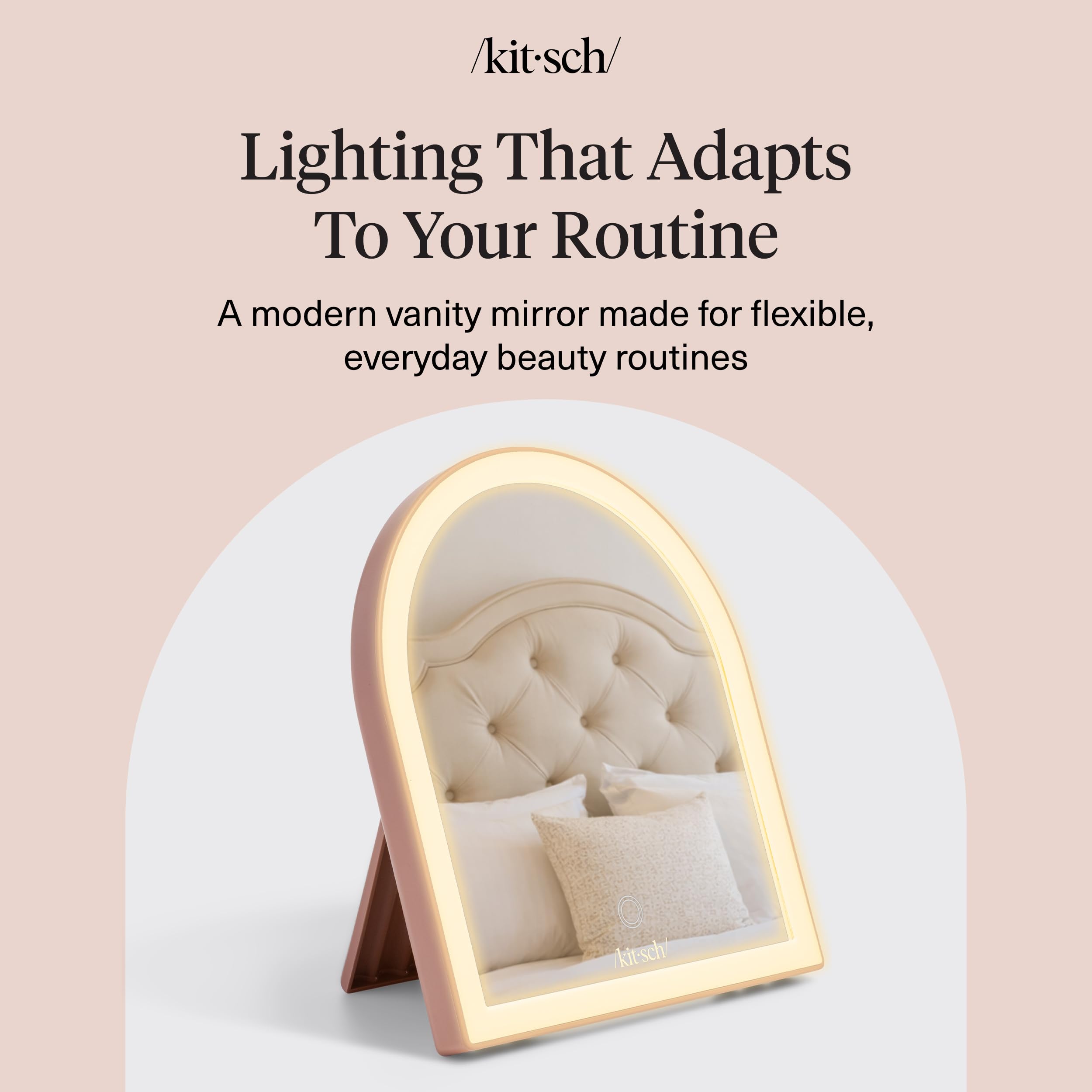 Kitsch Specchio da scrivania ad arco con luci, superficie per trucco a LED, sensore touch, dimmerabile, luce calda neutra fredda, specchio da scrivania ricaricabile con cavalletto, per viaggi