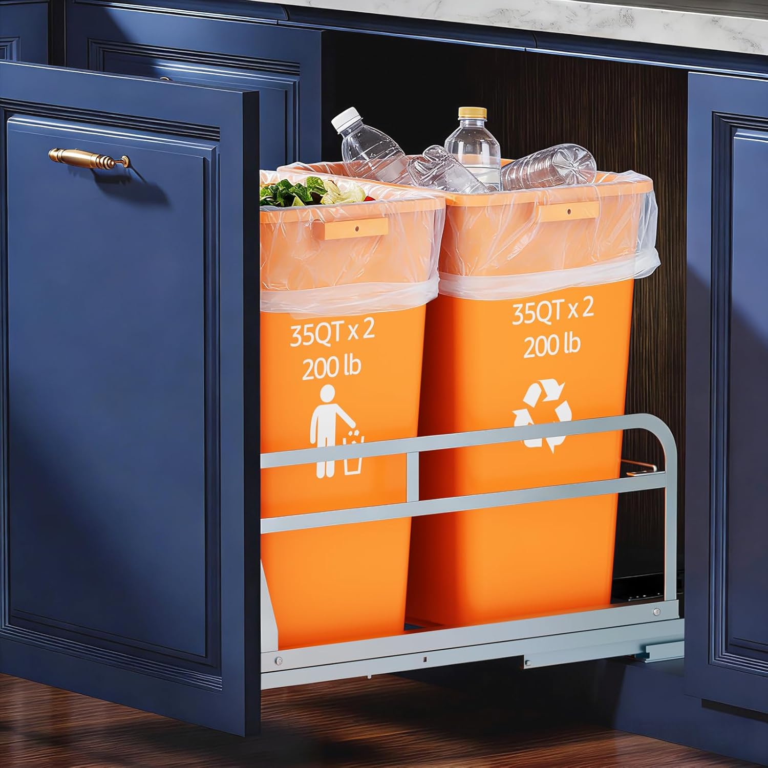 Double Pull Out Trash Can Under Cabinet, Heavy Duty Steel Frame with Soft-Close Slides, Under Sink Dual Trash Can Kit, Min Cabinet 16" W x 23" D (Trash Cans Not Included)