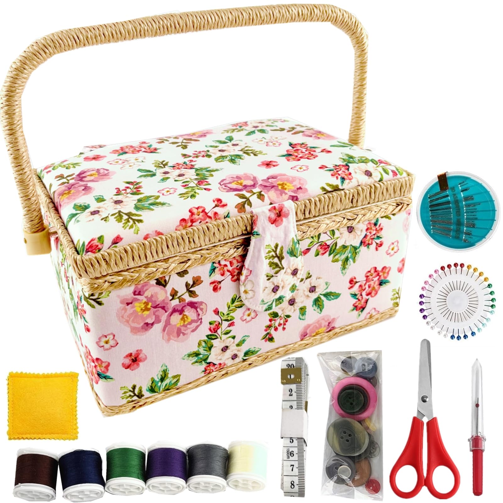 Cesta de costura NROZIET para suministros de costura, caja de almacenamiento de kits de costura de madera con accesorios, organizador de transporte de kits de costura vintage con asa para suministros de bordado DIY, principiante profesional