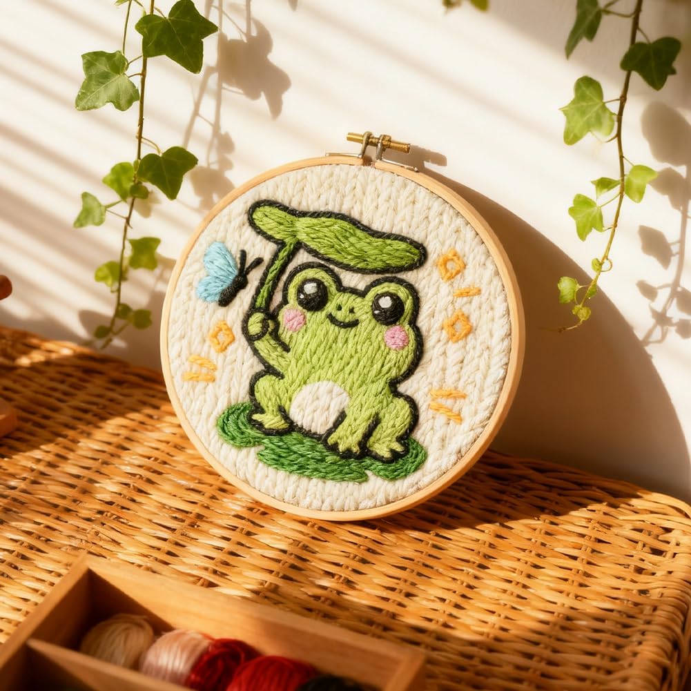 INFUNLY Cartoon Frog Punch Needle Embroidery Kit DIY Punch Embroidery Kit for Adults Butterfly Needlepoint Starter Kit 8.7" Round Needles Stitching Kit with Instruction for DIY Craft Lovers Gift