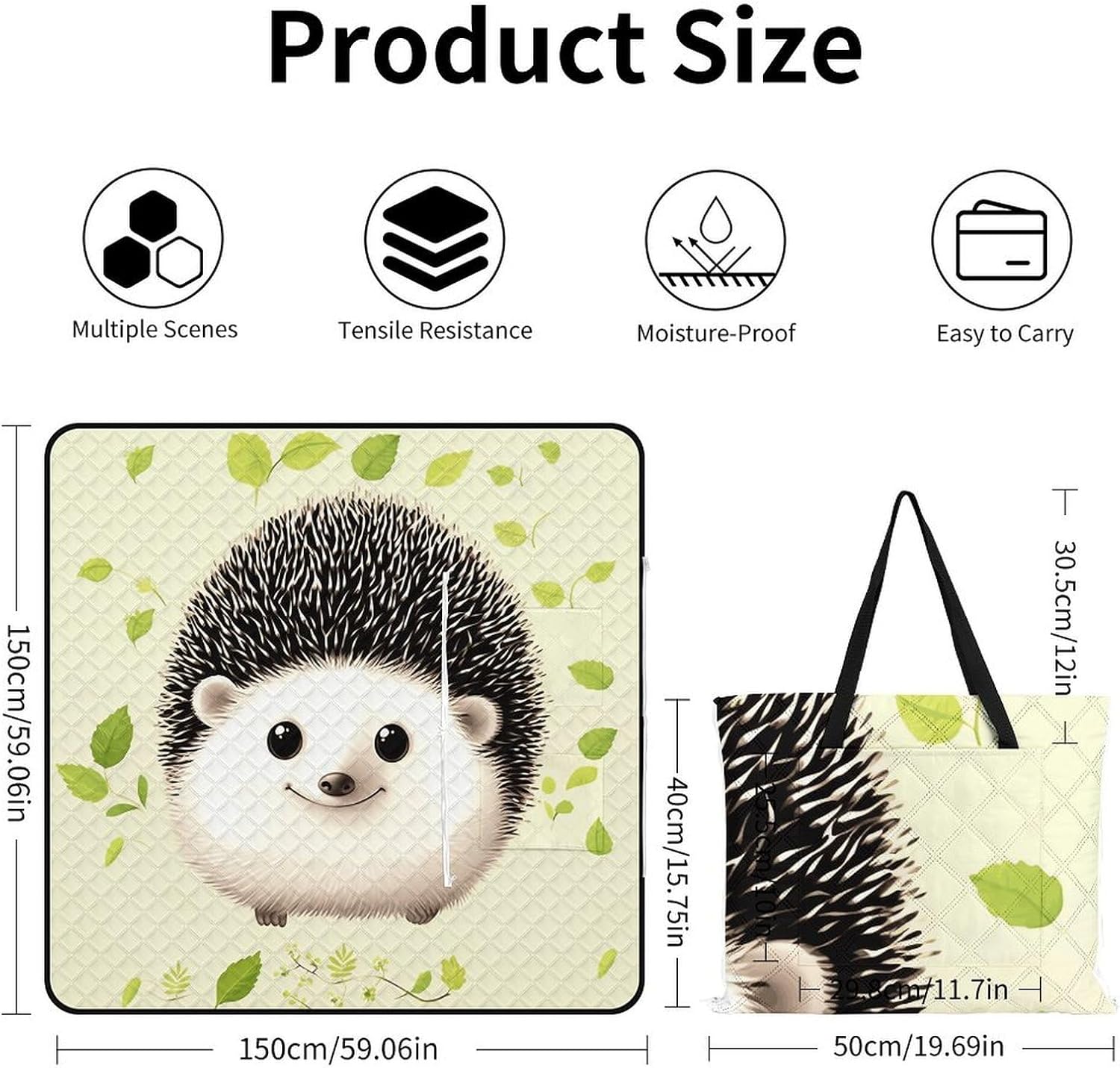 Cute Hedgehog Picnic Blanket with Zipper Water Resistant Sand Free Picnic Mat Washable Foldable Easy Carry Beach Blanket for Lawn Beach Hiking Camping