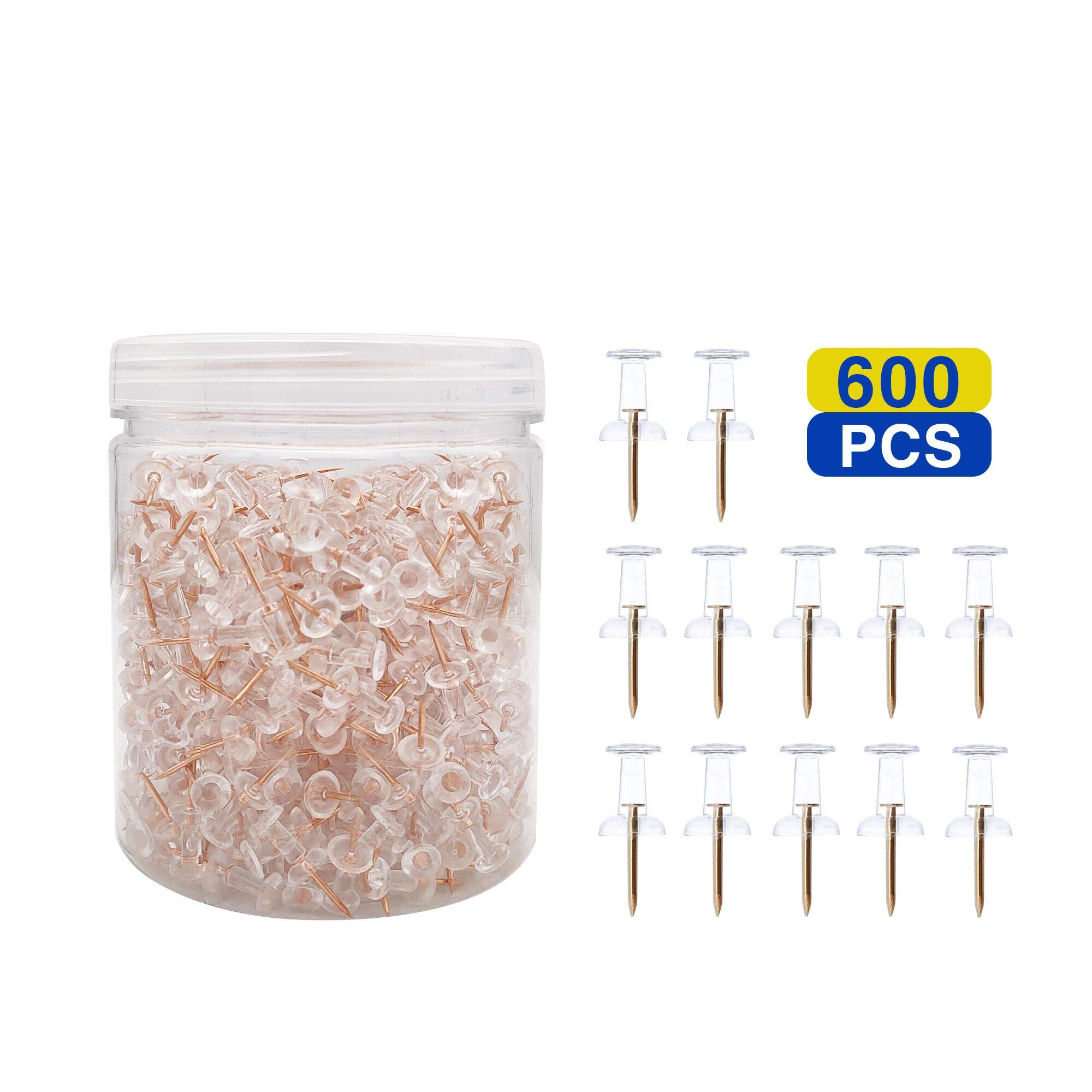 Clear Push Pins 600pcs Standard Thumb Tacks with Rose Gold Steel Point Transparent Plastic Head Pins for Hanging Photo Posters Craft Marking Map Wall Cork Board