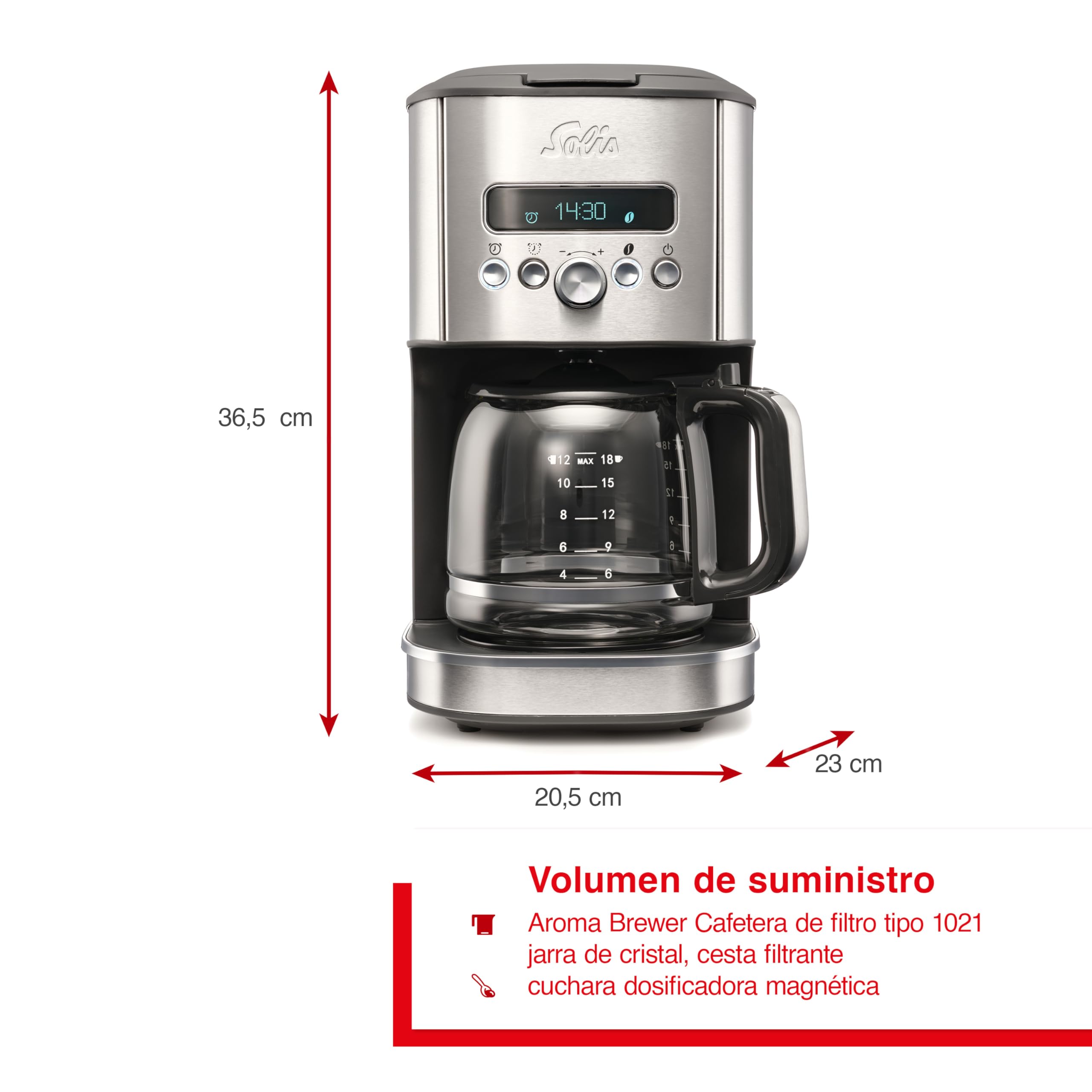 Solis Aroma Brewer - Cafetera de goteo, pequeña cafetera con temporizador, elección de aroma y función de mantener caliente, cafetera con jarra de vidrio de 1,8 litros, sistema de protección contra