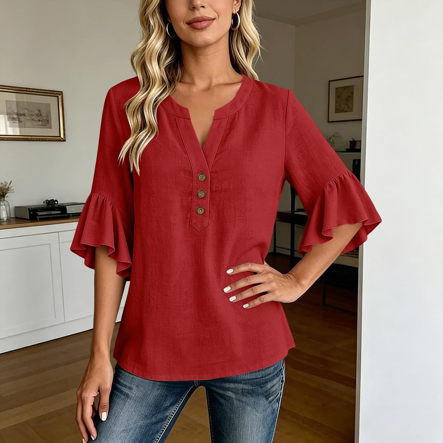 Summer Cute Gauze Tops Women Ruffle 3/4 Sleeve Button Up V Neck Henley Shirts Business Casual Beach Blouses