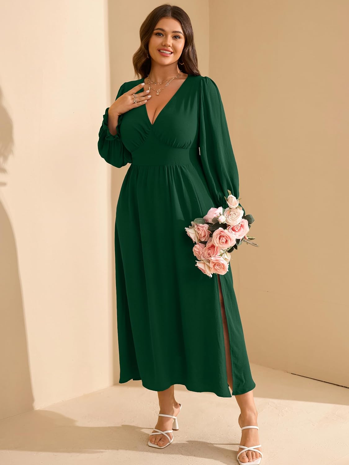 RWJ Plus Size Wedding Guest Dress for Women Deep V Neck Long Sleeve High Waist Slit Formal Cocktail Party Fall Maxi Dresses - Image 5