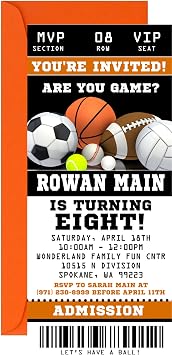 All Sports Ticket Birthday Invitations, Personalized, Set of 12