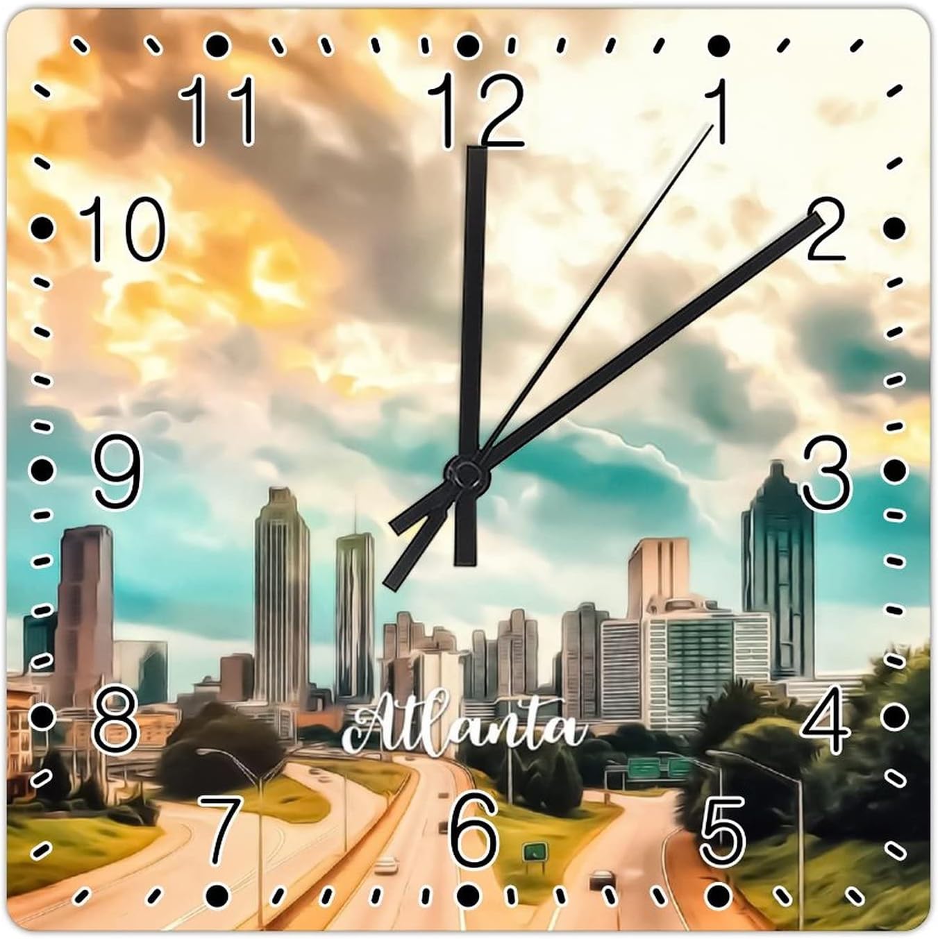 Georgia USA Cityscape Square Wall Clock Atlanta Travel Wall Clock Large Wooden Wall Clocks Battery Operated 15 Inch Non-Ticking Modern Wall Decor Home Decor for Kitchen Living Room Bedroom Office