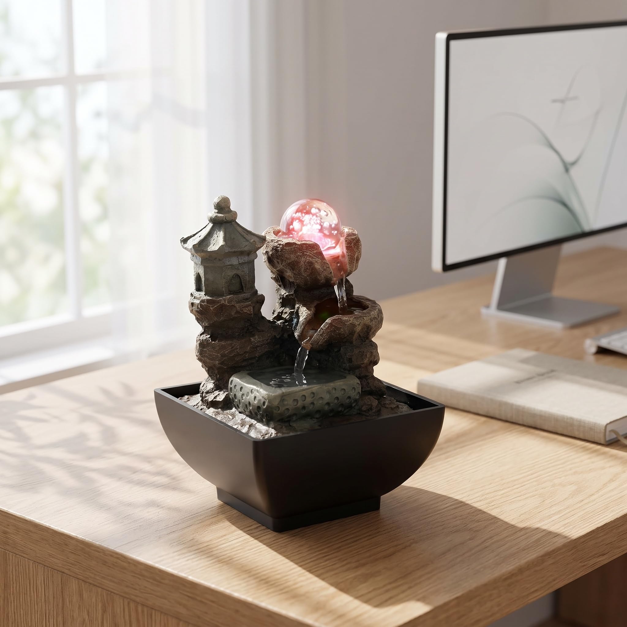 Fontana da Tavolo per Interni con Cascata Decorativa E Sfera di Cristallo Illuminata, Pompa Sommergibile Silenziosa per Relax E Meditazione, Piccola Fontana per Casa, Ufficio E Scrivania.