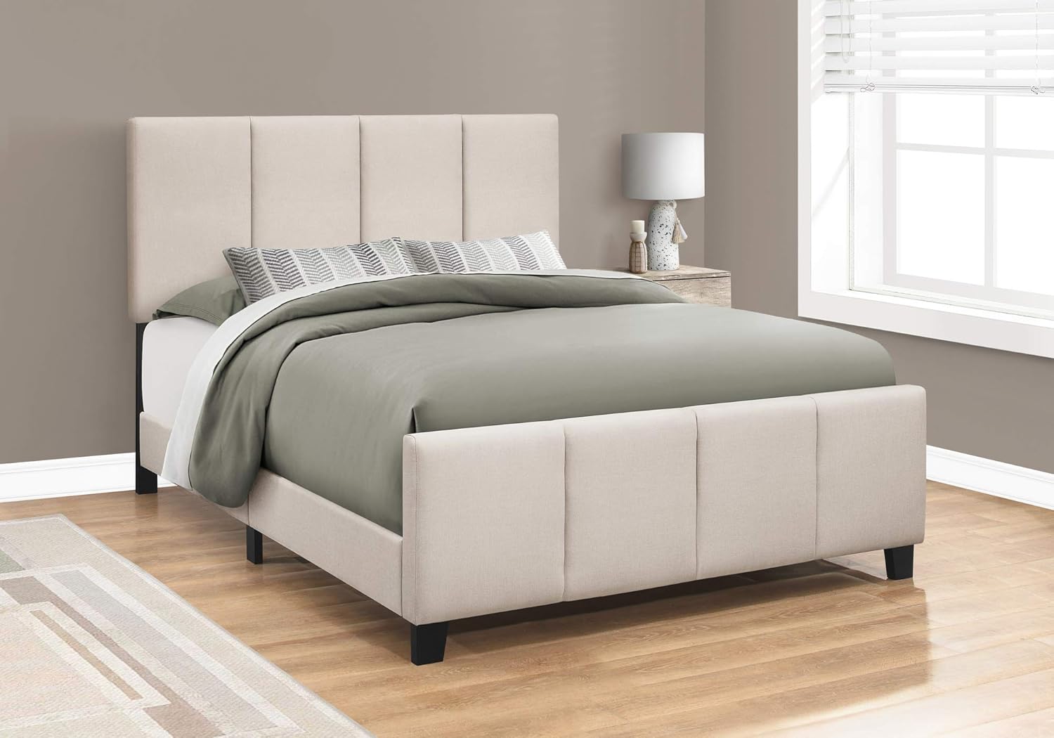 Monarch Specialties I 6026Q Bed, Queen Size, Platform, Bedroom, Frame, Upholstered, Linen Look, Beige, Black, Transitional