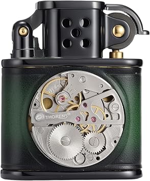 Handmade Cowhide Inlaid Mechanical Movement Swiss Brass Kerosene Lighter,Soft-Flame,Windproof,Vintage,Outdoor,Classic Grinding Wheel,Complex, Mens Gift,Thorens Green and Black