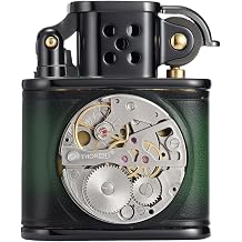 Handmade Cowhide Inlaid Mechanical Movement Swiss Brass Kerosene Lighter,Soft-Flame,Windproof,Vintage,Outdoor,Classic Grinding Wheel,Complex, Men's Gift,Thorens Green and Black