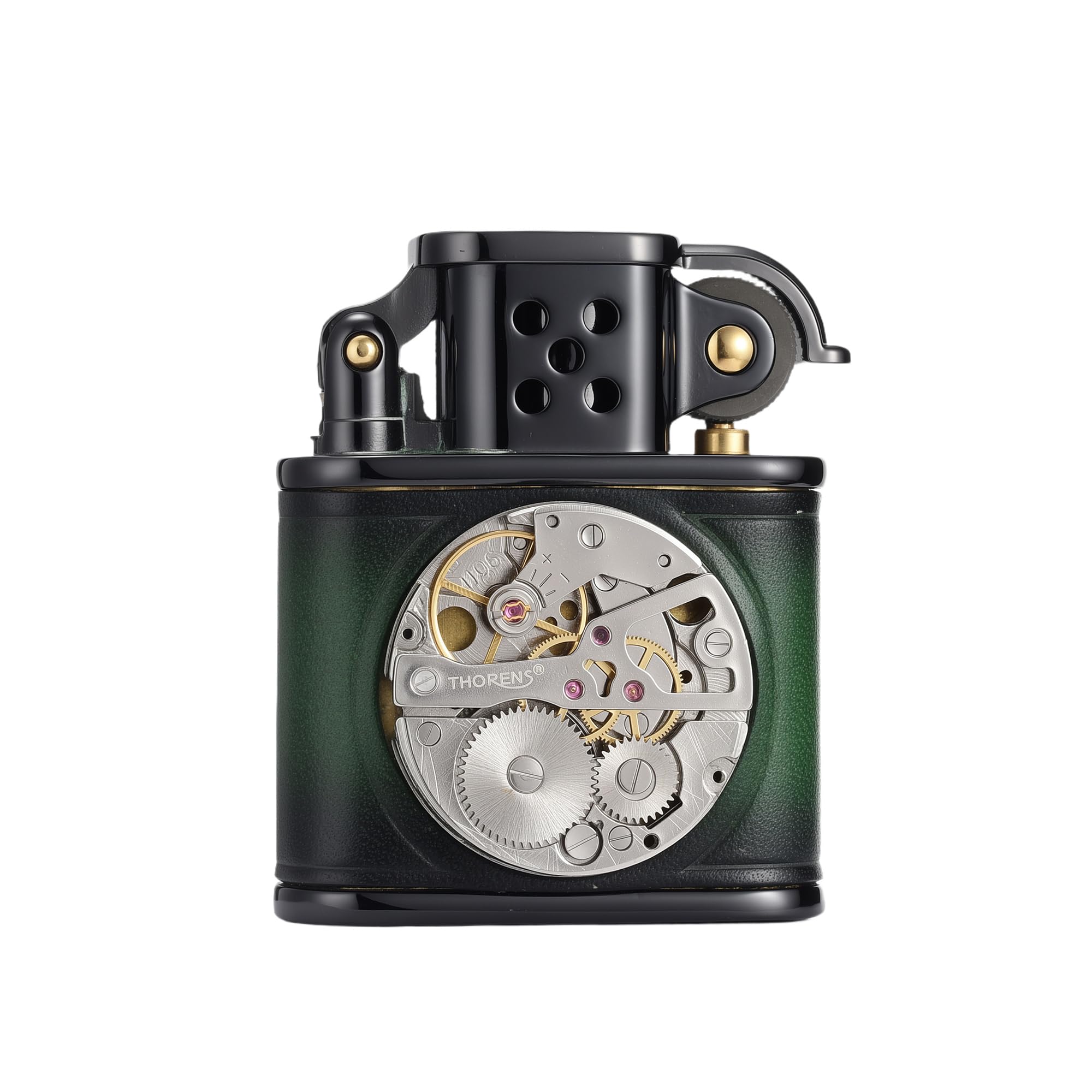 Briquet à kérosène en Laiton Suisse Fait Main avec Mouvement mécanique incrusté et Cuir de Vache – Coupe-Vent – Vintage – pour extérieur – Classique – Cadeau pour Homme – Thorens Vert et Noir