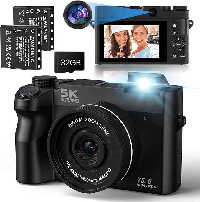 SOPPY 5K Digital Camera,75MP Upgraded Selfie Camera with WiFi Function for Youtube, 16X Digital Zoom Compact Digital Camera with 32GB Card, 2 Batteries, Compact for Kids, Teens & Beginners, Black