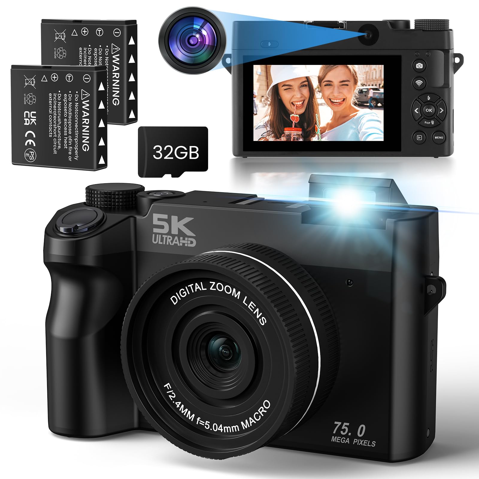 SOPPY Cámara digital 5K, cámara selfie mejorada de 75 MP con función WiFi para Youtube, zoom digital de 16X, cámara digital compacta con tarjeta de 32 GB, 2 baterías, compacta para niños, adolescentes
