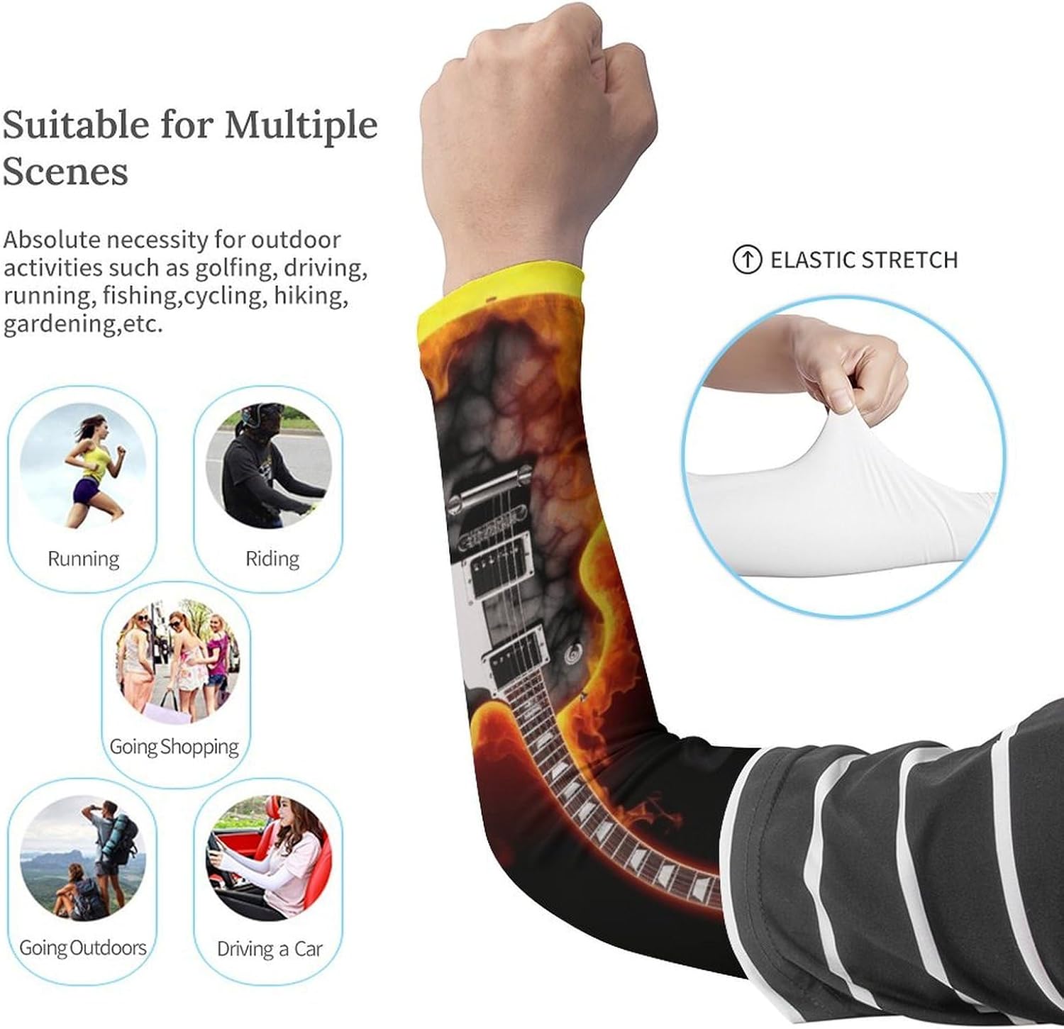 Burning Guitar Arm Sleeves for Men Women Sun Protection Sleeves Cooling Compression Arm Covers for Sport
