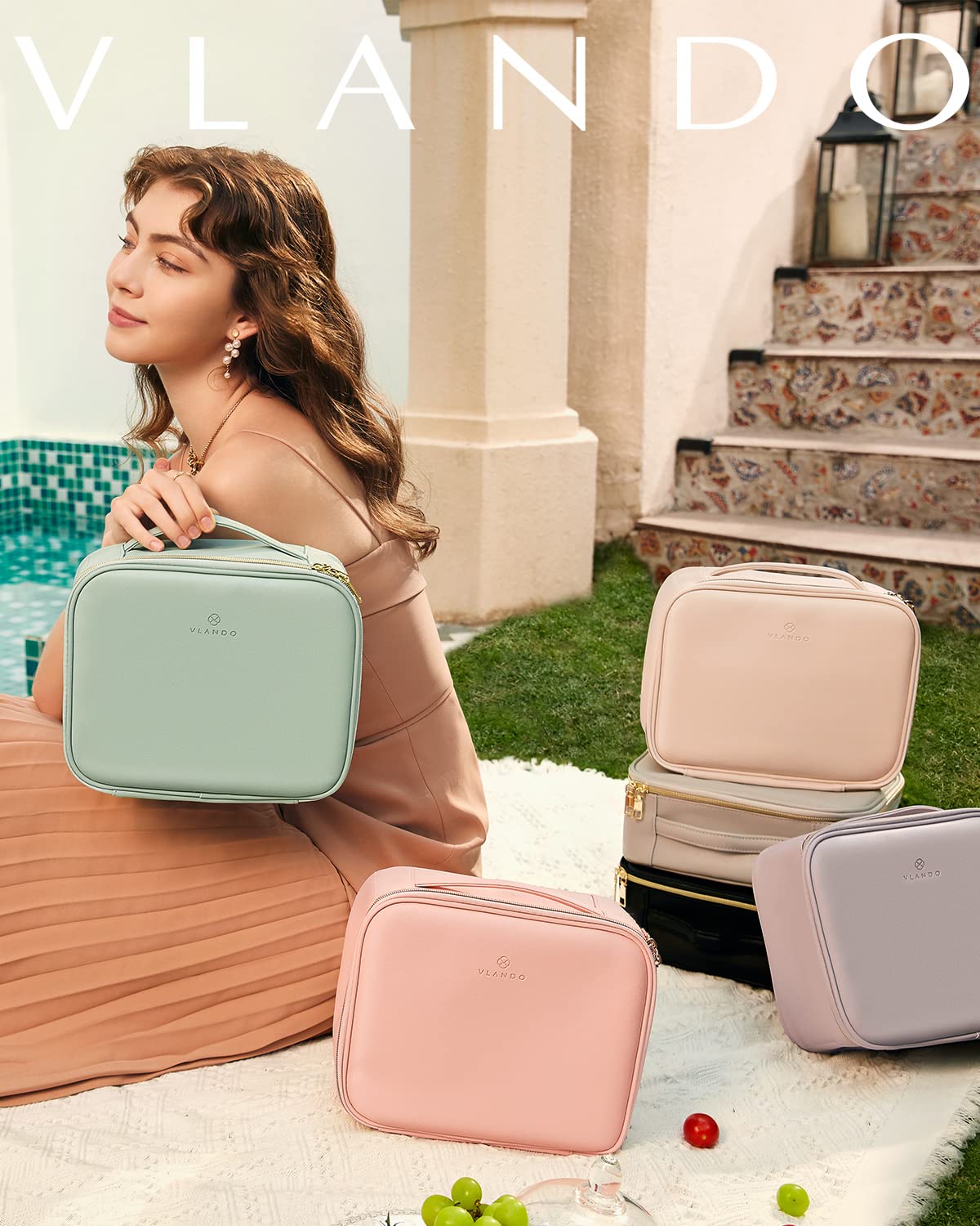 Vlando 2 Pack Blue Makeup Bag and Green Jewelry Roll Bag