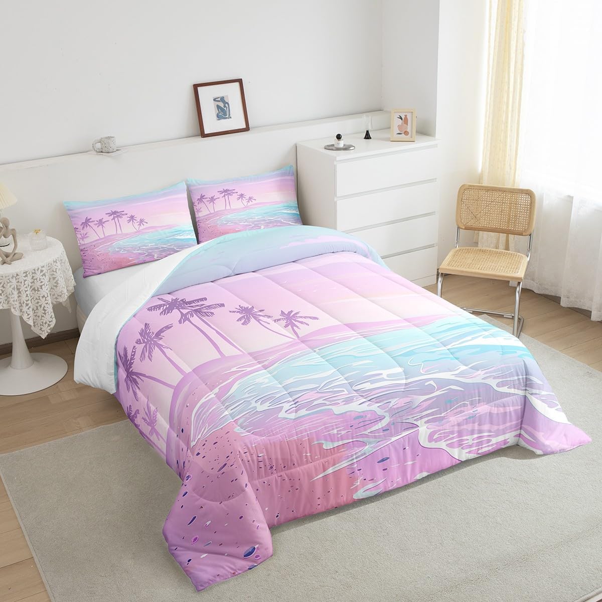 Purple Blue Beach Comforter Set Full Size,Coconut Tree Bedding Set 3Pcs for Kids Boys Girls Adult Room Decor,Ramantic Hawaii Sea Style Quilt Set Sweet Summer Ocean Duvet Insert,2 Pillowcases