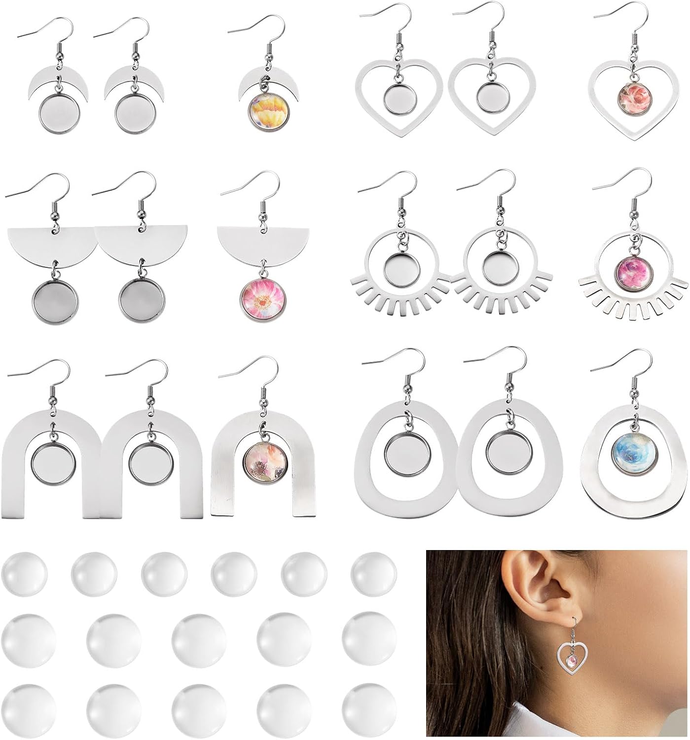 FASHEWELRY 24Pcs Stainless Steel Earring Bezel Trays Blank Geometry Wire Hooks with 12mm Round Glass Cabochon Earring Setting & Ear Nuts for DIY Jewelry Making