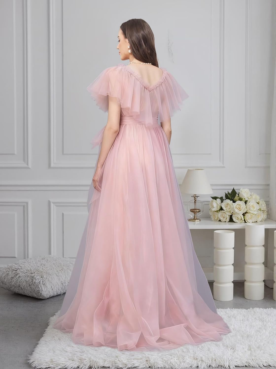 Women’s Tulle Maternity Dresses for Photoshoot Ruffles Short Sleeve Long Baby Shower Dress with Bow