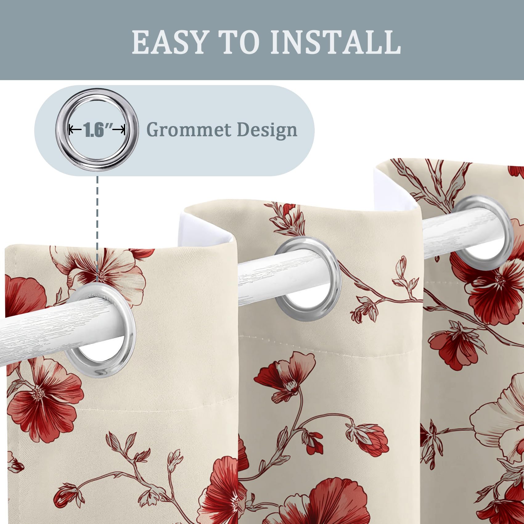 Generisch Mohnblumen Vorhänge Blickdicht Gardinen mit Ösen, Rot Weinrebe Blumen Floral Deko Muster Wohnzimmer Schlafzimmer Fenster Verdunklungsvorhänge, H 245 x B 140 cm 2er Set (3c5-124)
