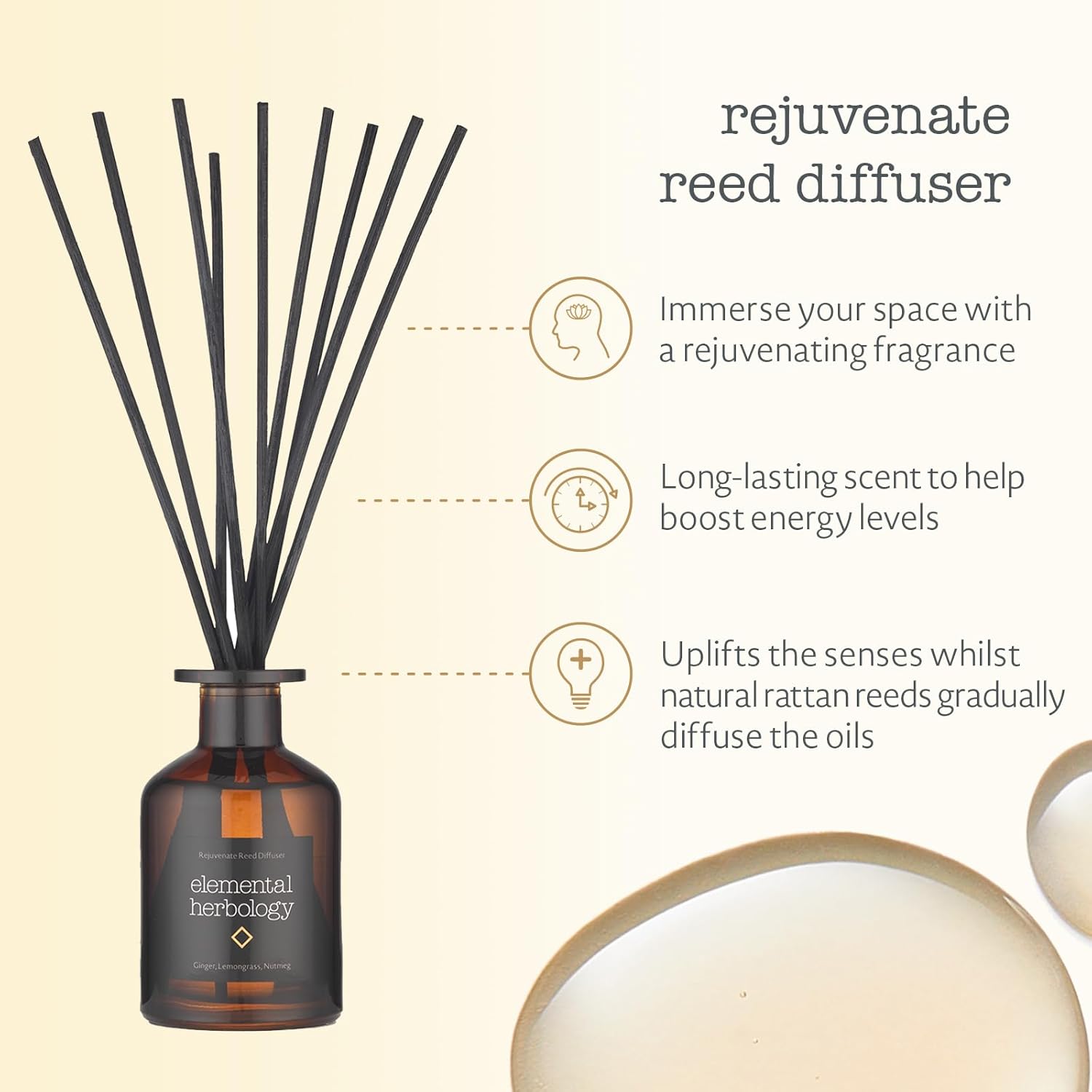 Elemental Herbology Rejuvenate Reed Diffuser – Aromatherapy Home Fragrance with Ginger, Lemongrass & Nutmeg – Uplifting Scent to Boost Energy & Refresh Your Space – Long-Lasting Natural Rattan Reeds - Image 3
