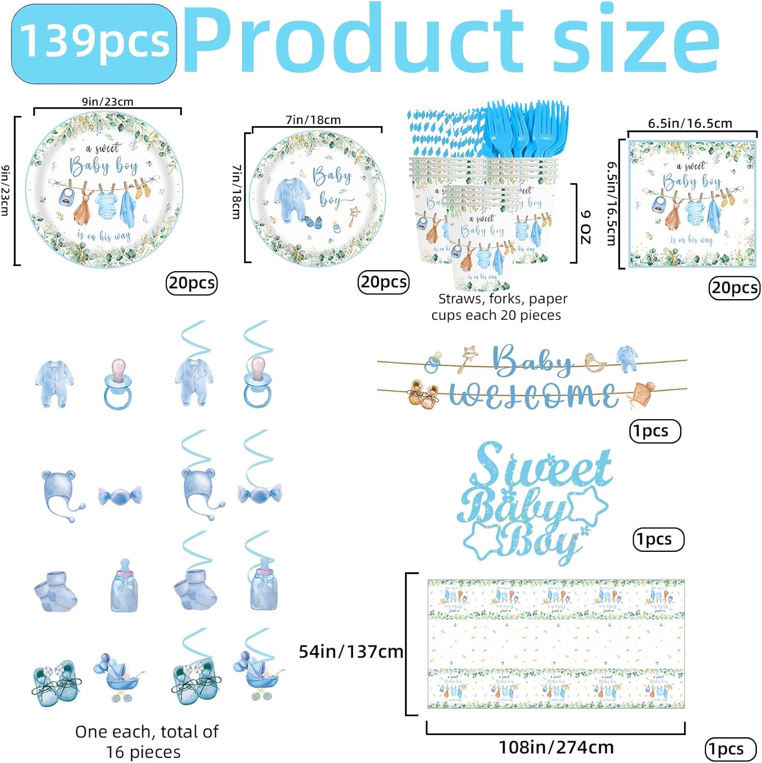 139 PCS Greenery Gender Reveal Baby Shower Plates and Napkins Supplies, Boho Greency Party Decorations Tableware Set Dessert Plates Napkins Forks for 20 Guests (Blue) - Image 2