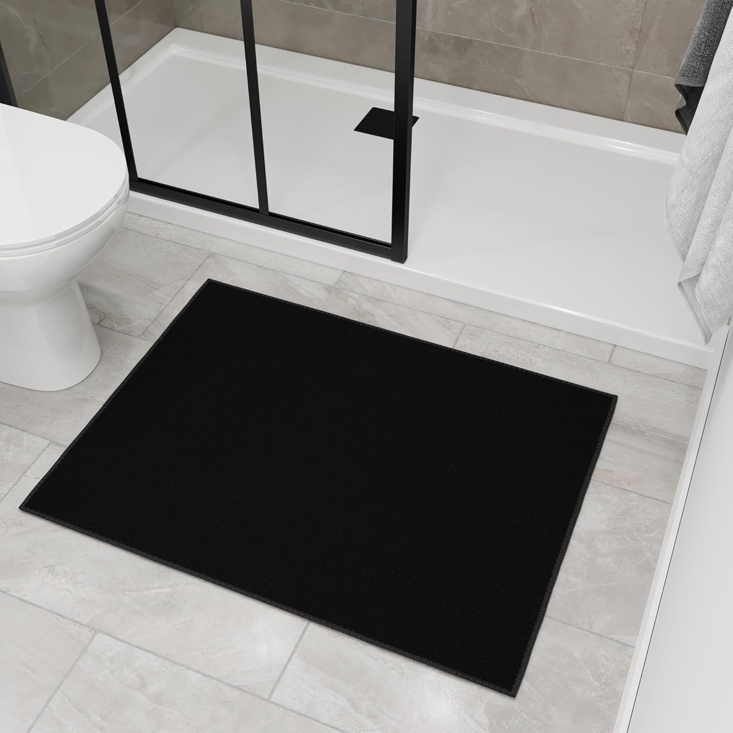Ottomanson Non-Slip Bathroom Mat, Low-Profile Quick-Dry Bath Rug, Entryway Mat for Sink Areas or Front Door, 31" x 48", Solid Black