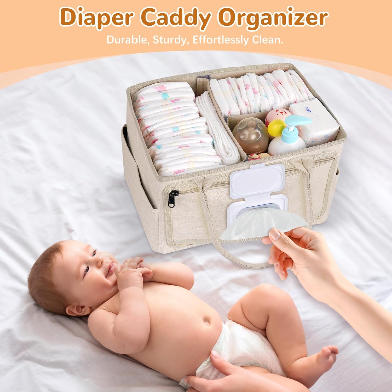 Volnamal Diaper Caddy with Wipe Dispenser One-Handed Access, Premium Diaper Organizer, Portable Car Organizer Nursery Basket for Newborn Essentials, Baby Registry Must Haves for Boys & Girls, Beige