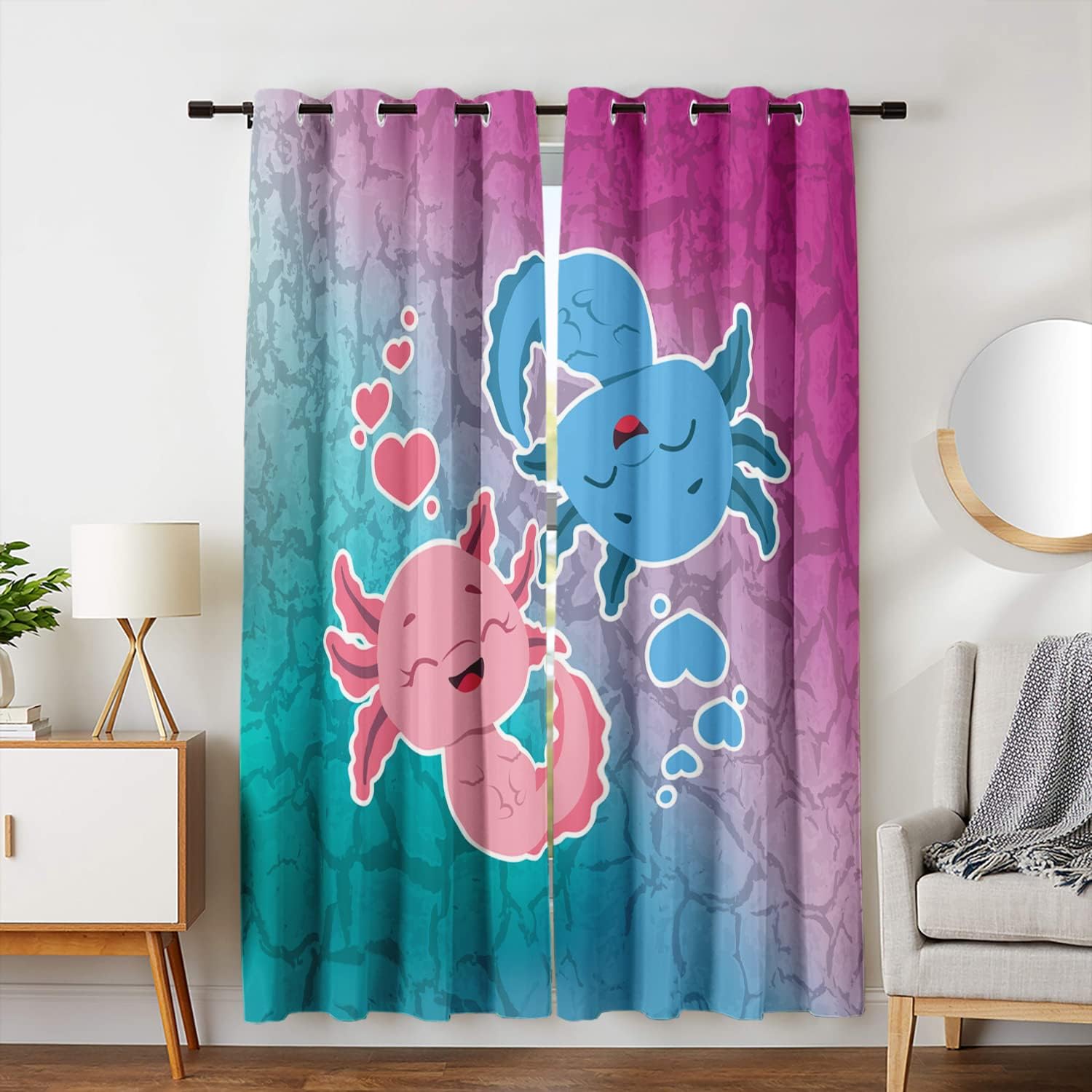 HOSIMA Kawaii Axolotl Curtains 2 Panels,Blue and Pink Purple Curtains for Bedroom Girls,Sea Reptile Wildlife Animals Rainbow Curtains Room Decor for Teen Girls and Boys,42W*63H Inch