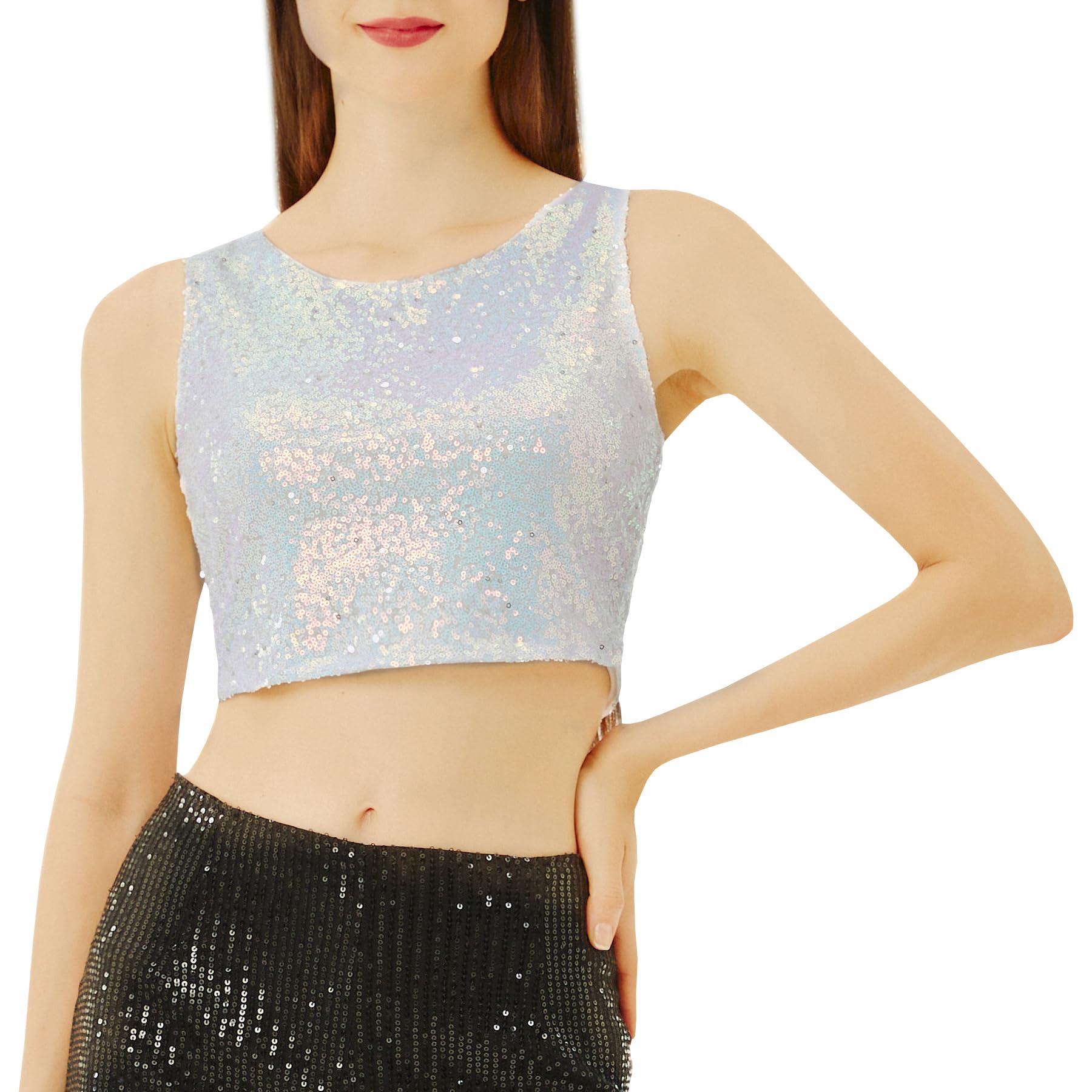 Coucoland Camiseta corta sin mangas para mujer, camiseta de verano con lentejuelas brillantes y purpurina para adelgazar, a la moda