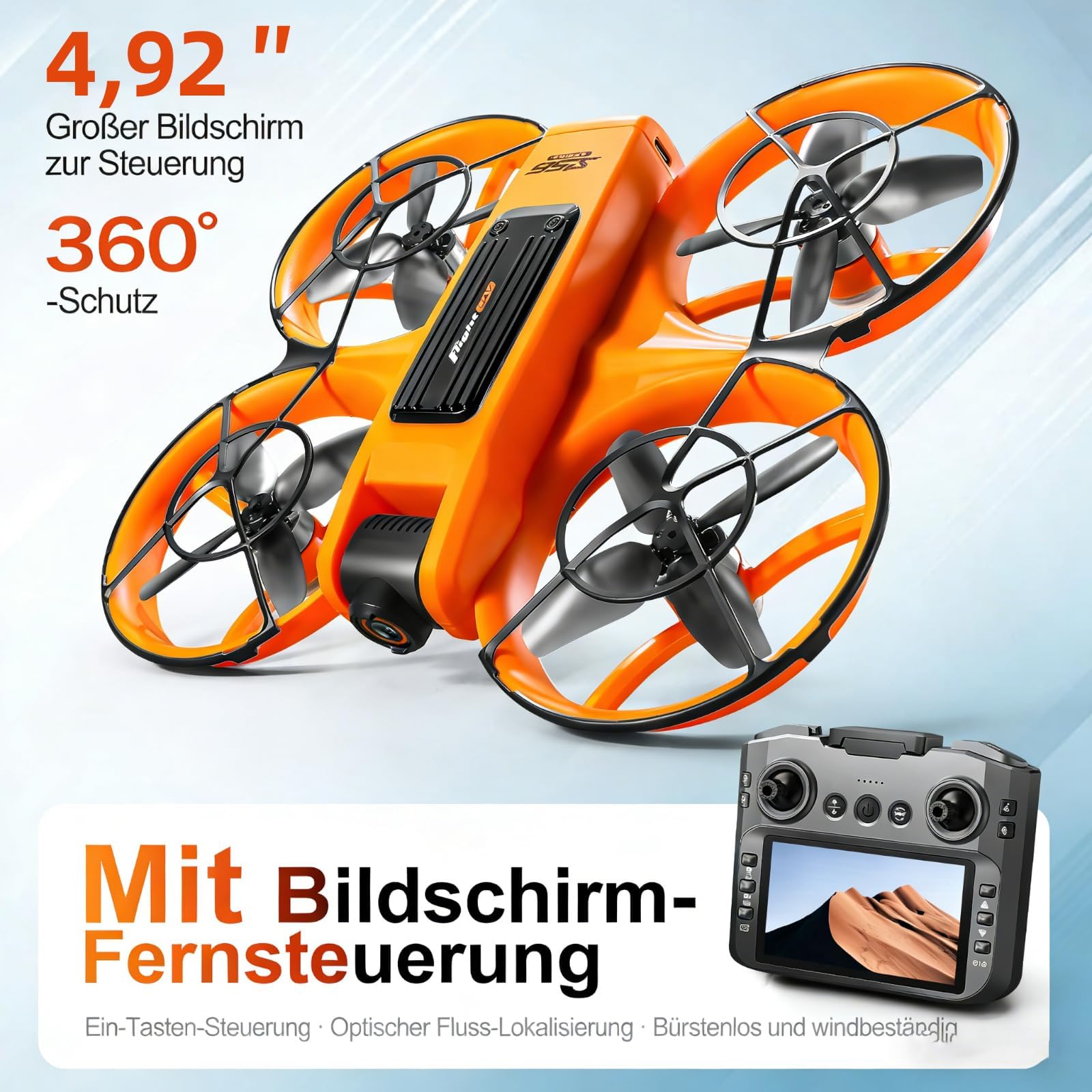Drone con Radiocomando con Schermo da 4,9", Doppia Fotocamera HD, Motore Brushless, Flip a 360°, Posizionamento a Flusso Ottico, Decollo con Un Tasto, 2 Batterie e Scheda SD, Per Principianti