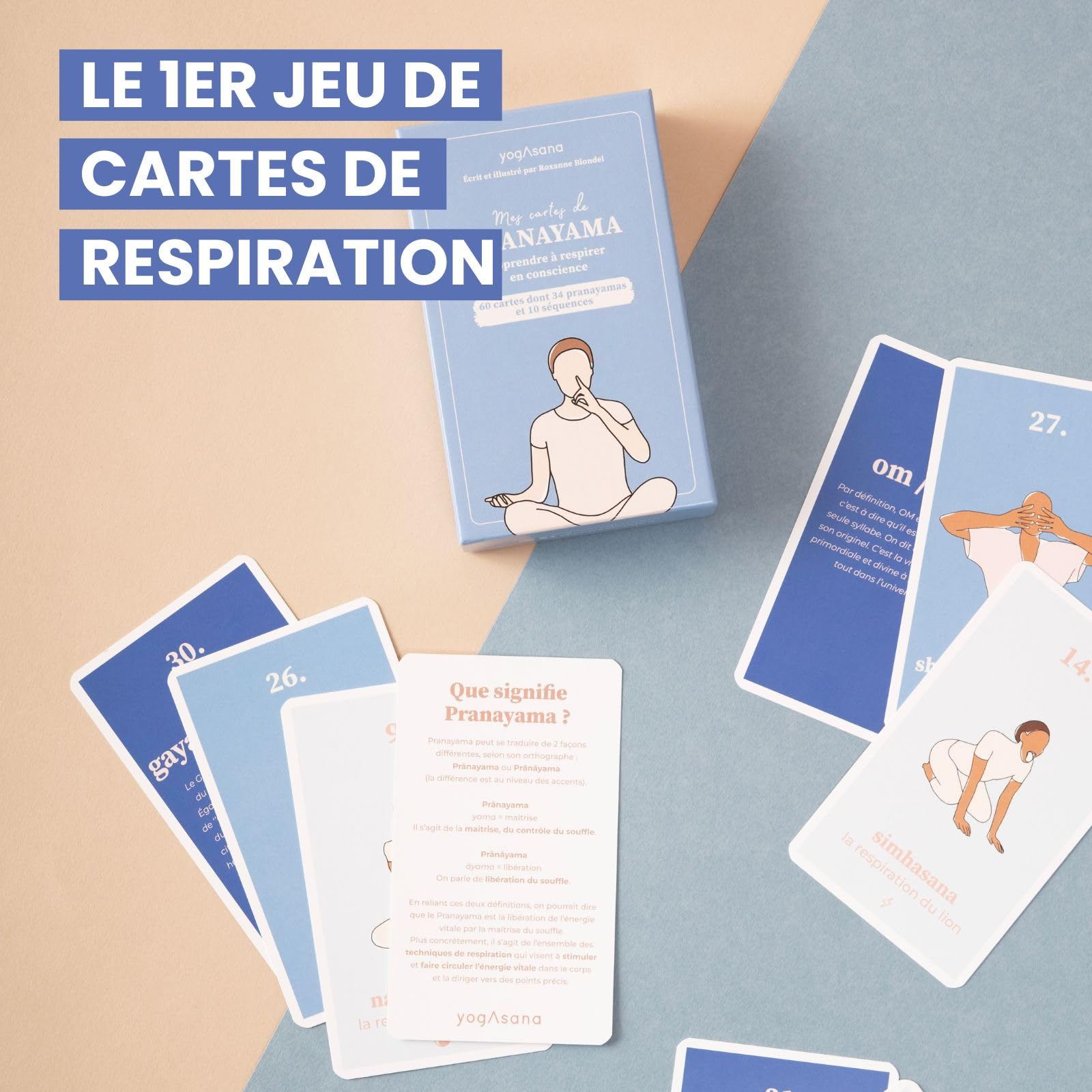 Yogasana jeu de carte français Pranayama - 60 cartes – Apprenez à respirer en conscience – Créez votre routine personnalisée - Illustrations de postures – Coffret ludique & accessible pour tous niveau