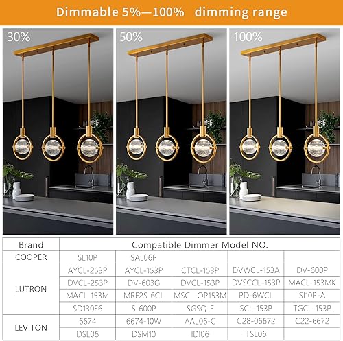 Miniatura 4 de Modern Pendant Lights Gold Brushed Brass Finish Pendant Lighting for Kitchen Island Dimmable LED Crystal Chandeliers Light Fixtures for Kitchen