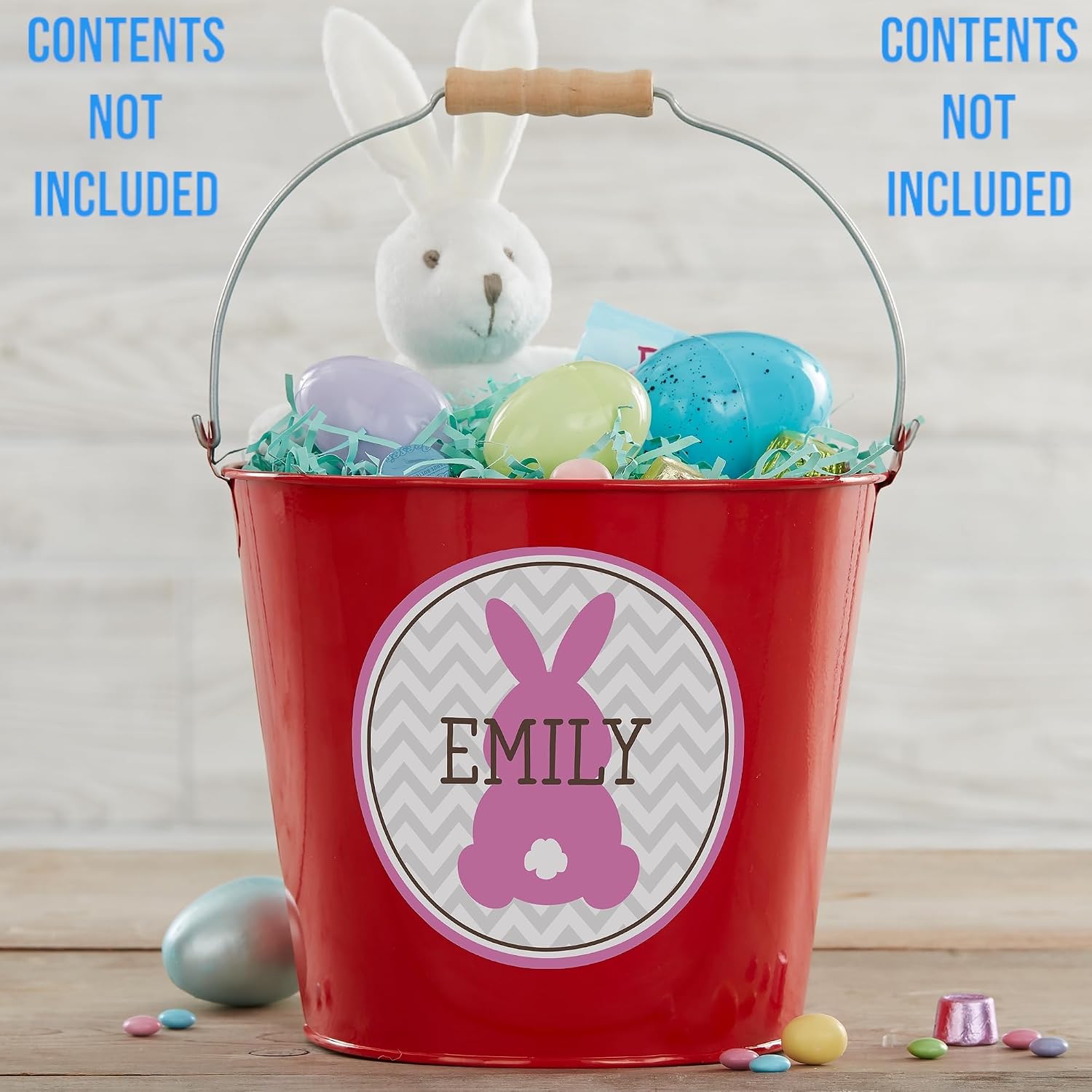 Personalization Universe Easter Bunny Personalized Treat Bucket - Ideal for Easter Basket Stuffers and Candies, Green, Pink, Purple, or Teal Bunny Design - Large Red Bucket