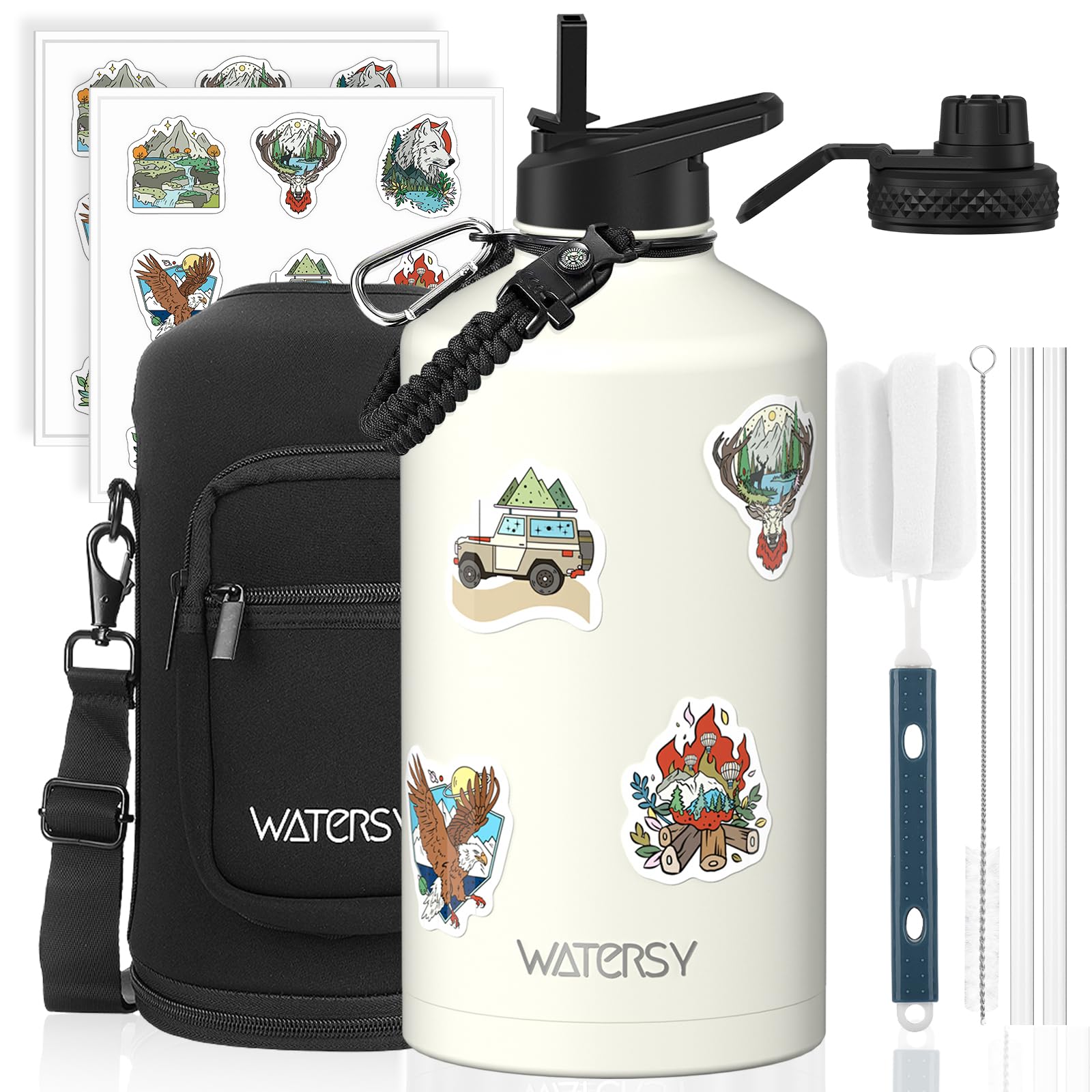 1 Gallon Water Bottle Insulated(Cold for 48 Hrs),BPA Free&Leak Proof,128oz Stainless Steel Water Jug,Large Water Bottle with Straw Spout Lids for Gym,Hiking,Camping&Travel,White