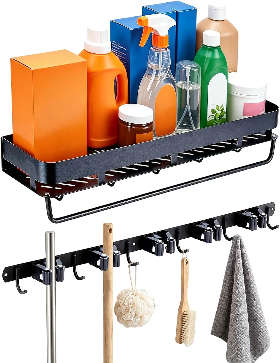 1 Set Wall Mount Utility Shelf Closet Organizer, 1 Pack Mop and Broom Holder with 1 Pack Cleaning Supplies Rack Organizer with Hooks and Towel Bar, Ideal for Laundry Room Garage Kitchen