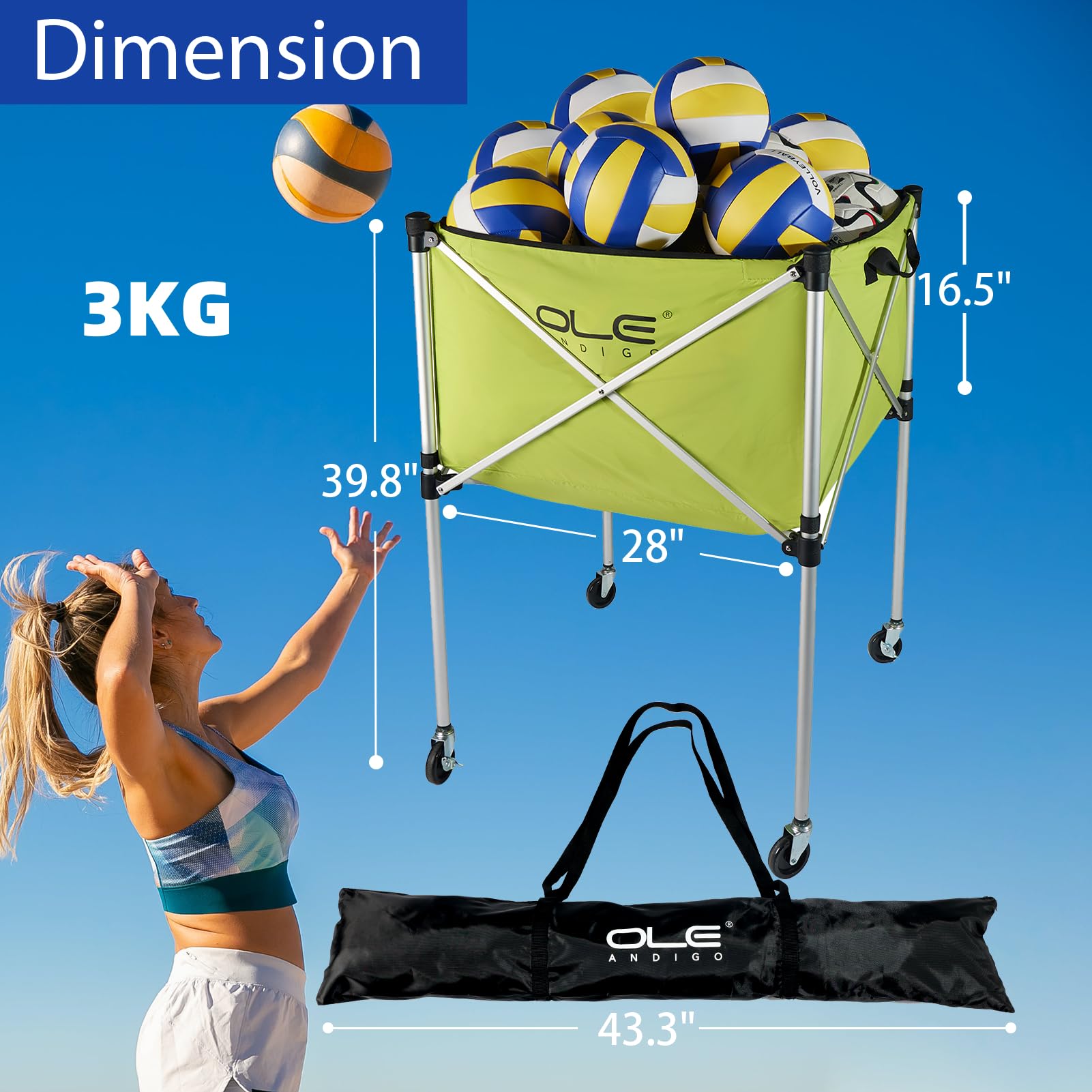 Carrello per palloni, portatile, pieghevole, attrezzatura sportiva per pallavolo, rugby, calcio