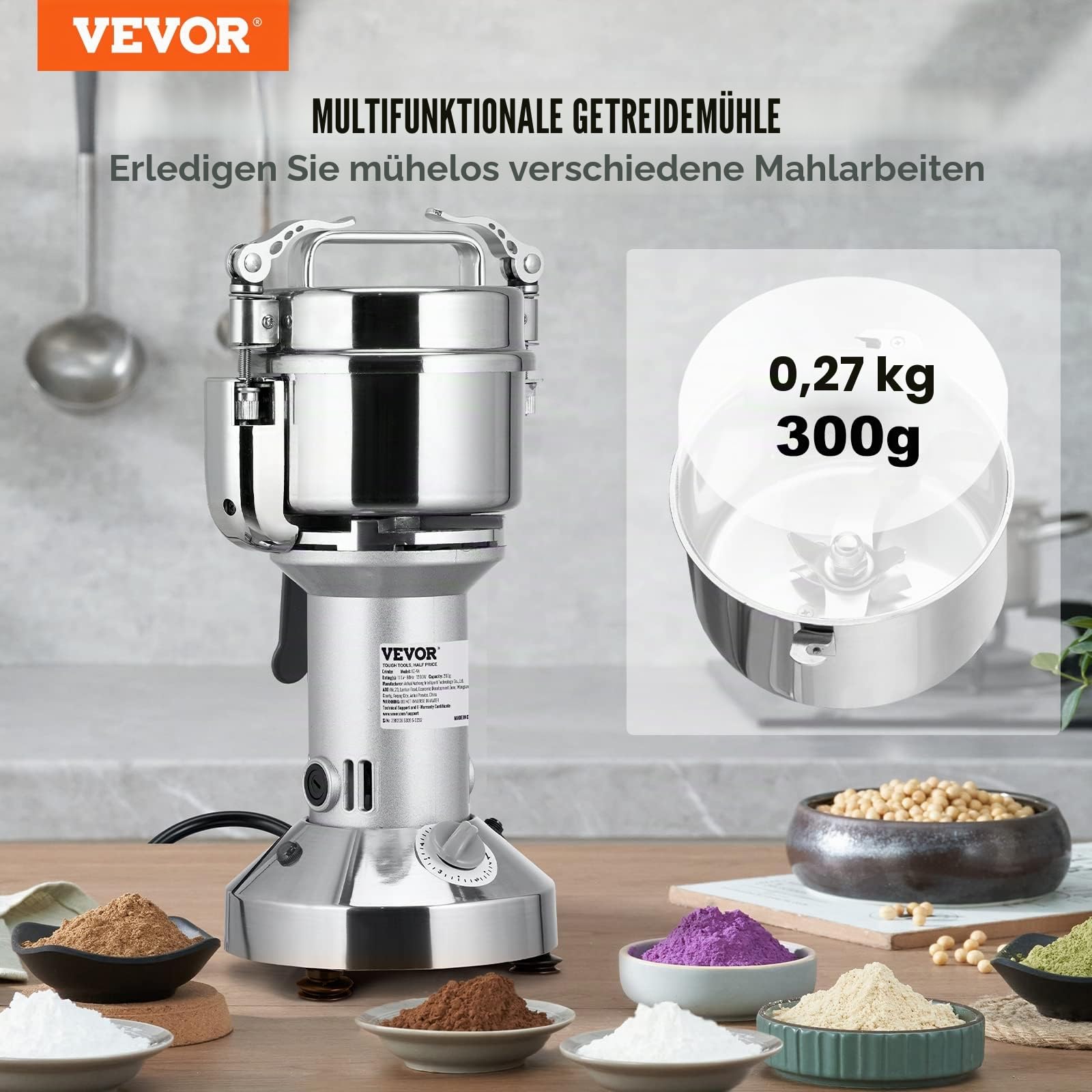 VEVOR Elektrische Getreidemühle 300 g Schleifmaschine 1900 W, Multifunktion-Küchenmühle Mehl, Pulvermaschine Timing-Trockenmühle für Kräuter/Gewürze/Nüsse/Getreide usw. inkl. Klingen & Bürsten