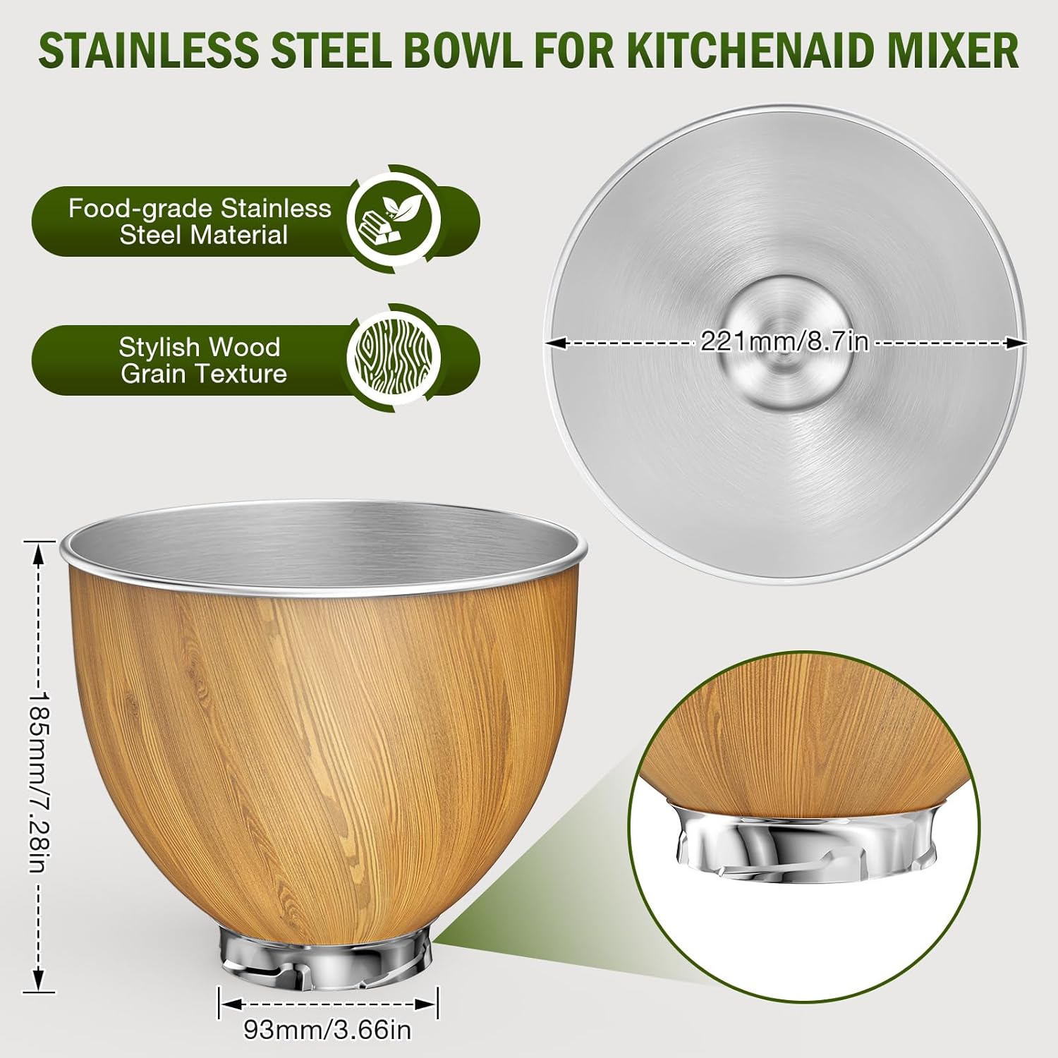 5QT Stainless Steel Mixer Bowl Compatible with Kitchen aid Stand Mixers Kitchenaid Replacement Bowl for 4.5-5 QT Tilt-Head Mixer with Handle, Wood Grain