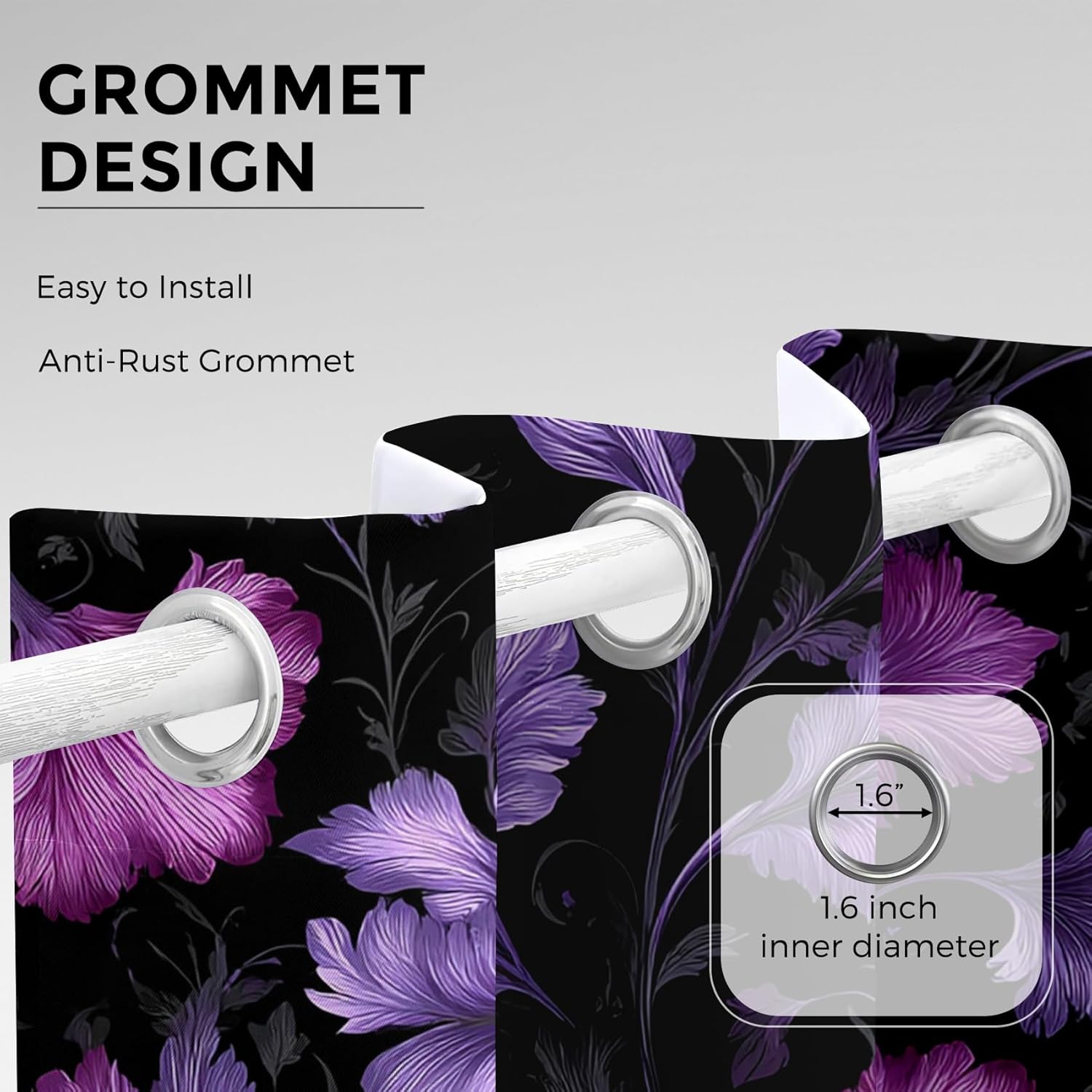 Purple Floral Curtains for Living Room 72 Inch Length, Gothic Dark Floral Blackout Curtains Bedroom Decor, Elegant Flower Grommet Thermal Black Out Window Drapes 2 Panels Pd-55