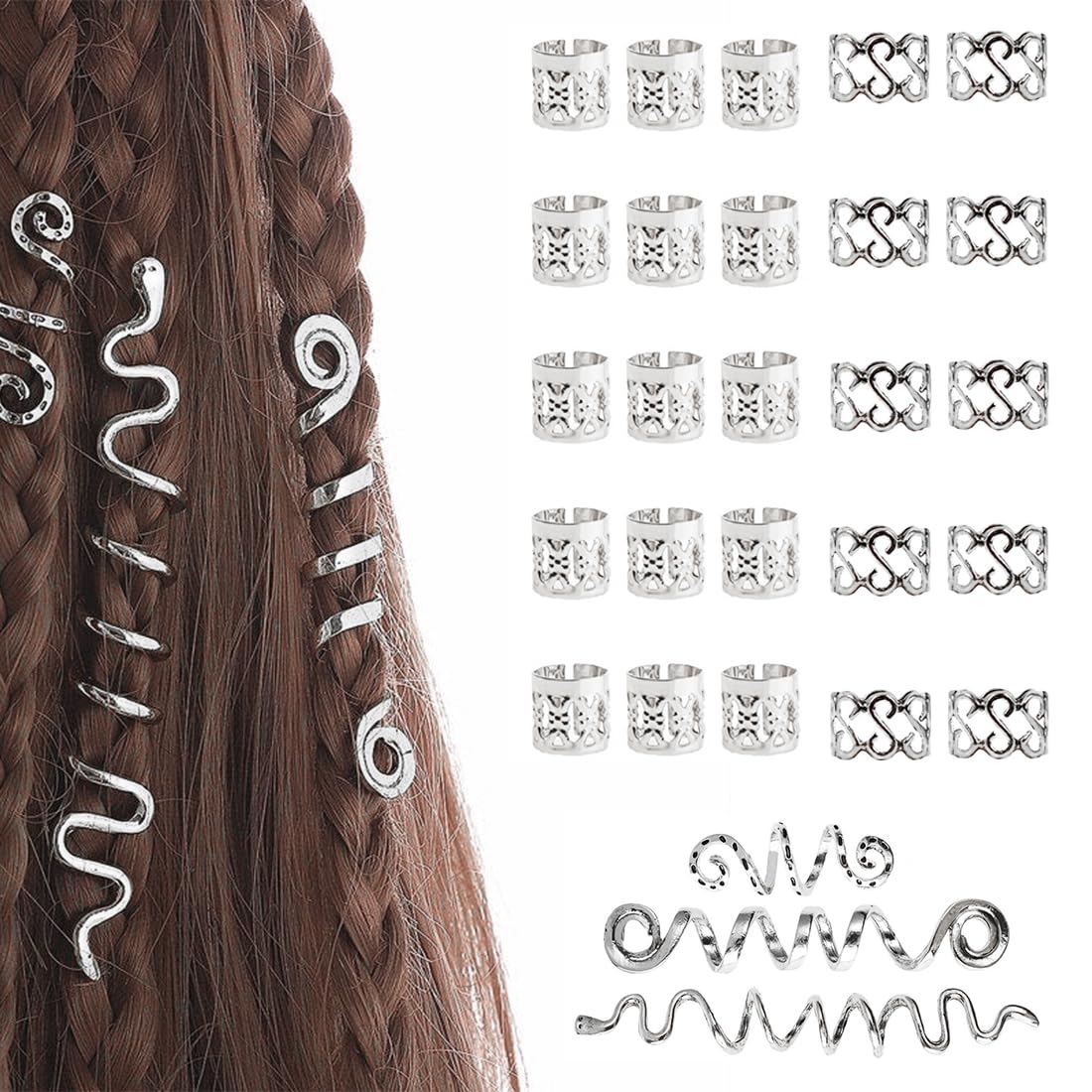 Tadipri 28 Pcs Bobina Joyería El Cabello Anillos Ajustables Cabello Trenzas De Metal Accesorio Para El Cabello Dreadlocks De Pelo Accesorios Para El Cabello Para Trenzas Para Hombres Y Mujeres (Plata)