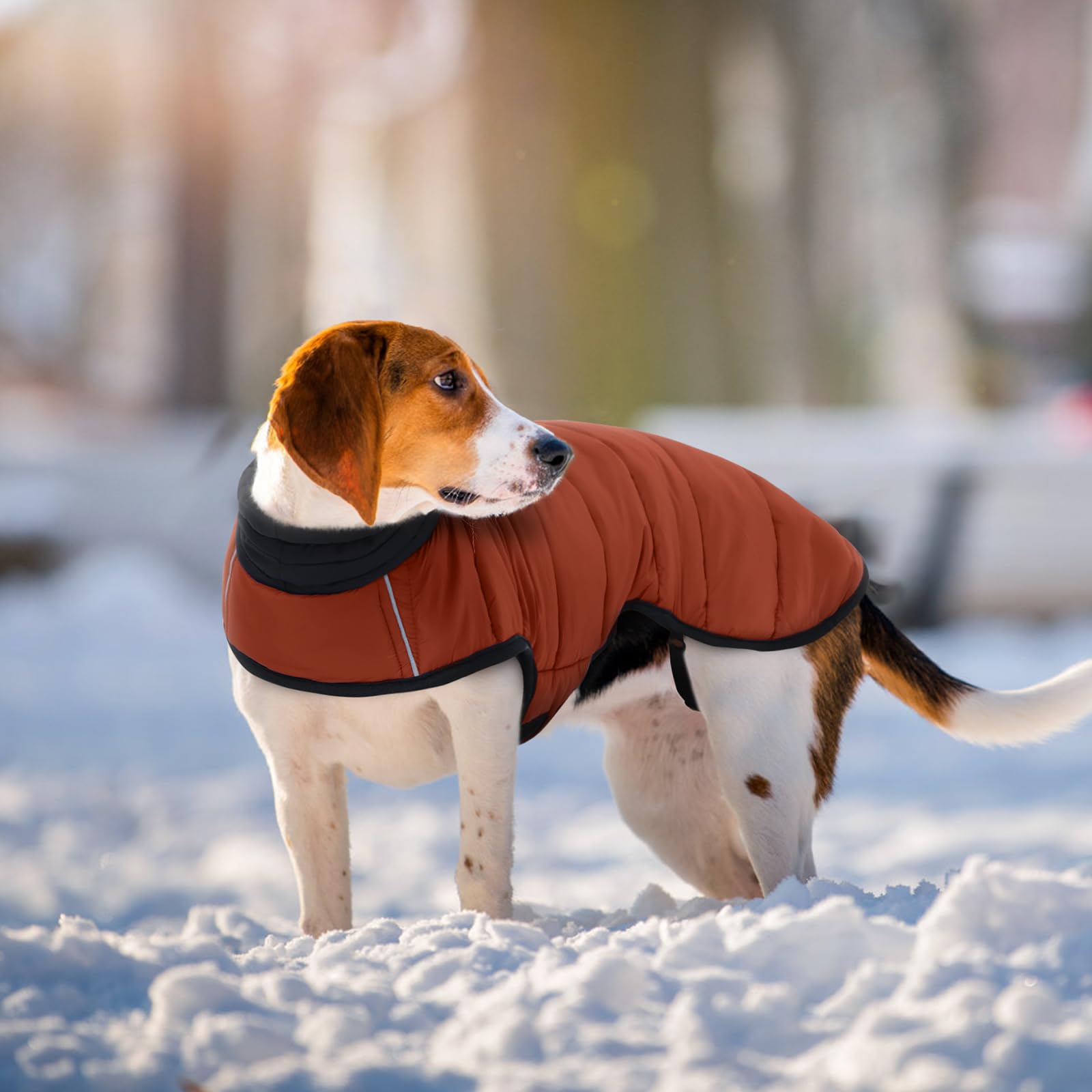 IDOMIK Dog Winter Coat, Warm Waterproof Dog Puffer Jacket with Harness Hole, Adjustable Reflective Snow Jacket Vest with Turtleneck, Pet Cold Weather Coats for Large Dogs,Caramel,L