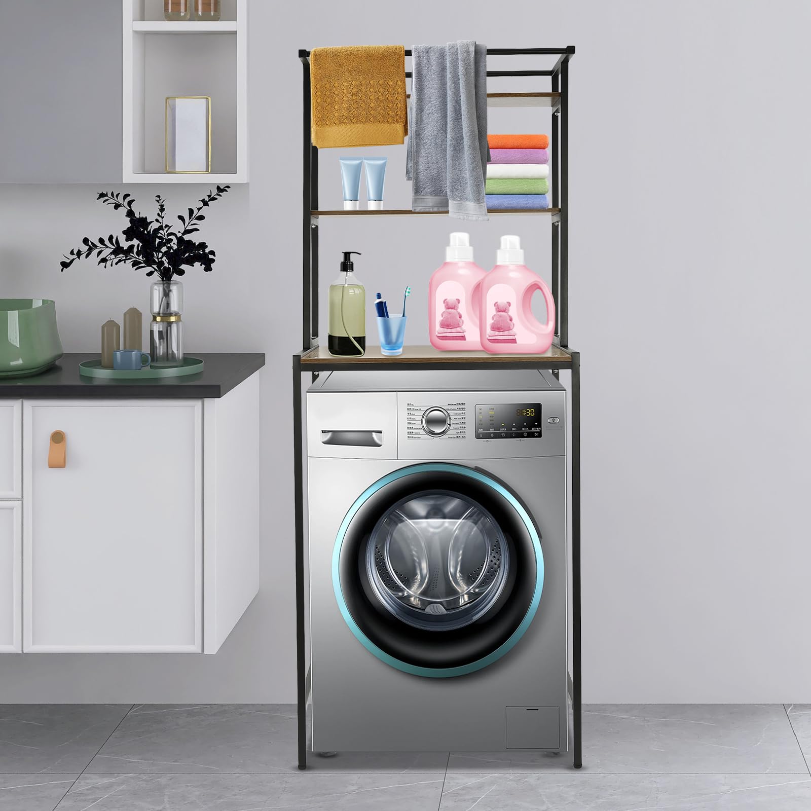 Philipreba Washer and Dryer Storage Shelf, 3 Tier Space Saving Bathroom Organizer Rack, Heavy Duty Clothes Drying Rack with Height 0.39 Adjustable, Clothes Hanging Rod Rail (Black+Oak)