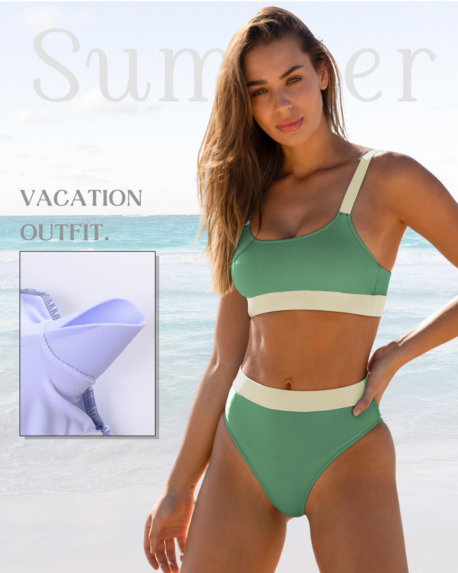 ZINPRETTY Bikini a Vita Alta da Donna, Costume da Bagno Sportivo, Blocco di Colore, Costume da Bagno con Scollo Rotondo