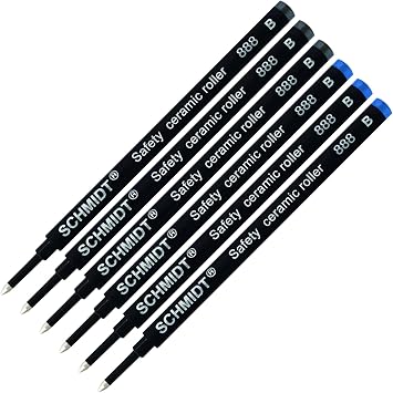 Schmidt 888 Safety Ceramic Rollerball Refill - Black, Blue Ink Broad Tip 1.00mm - Pack of 6