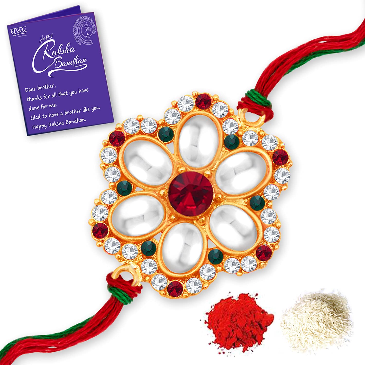 Sukkhi Rakhi Lavish Kundan Designer Gold Plated Premium Rakhi for Brother With Roli Chawal & Greeting Card | Rakhi for Bhaiya | Rakhi for MEN | Kundan Rakhi | (RAK100036) (B09415K7LC) Amazon Price History, Amazon Price Tracker